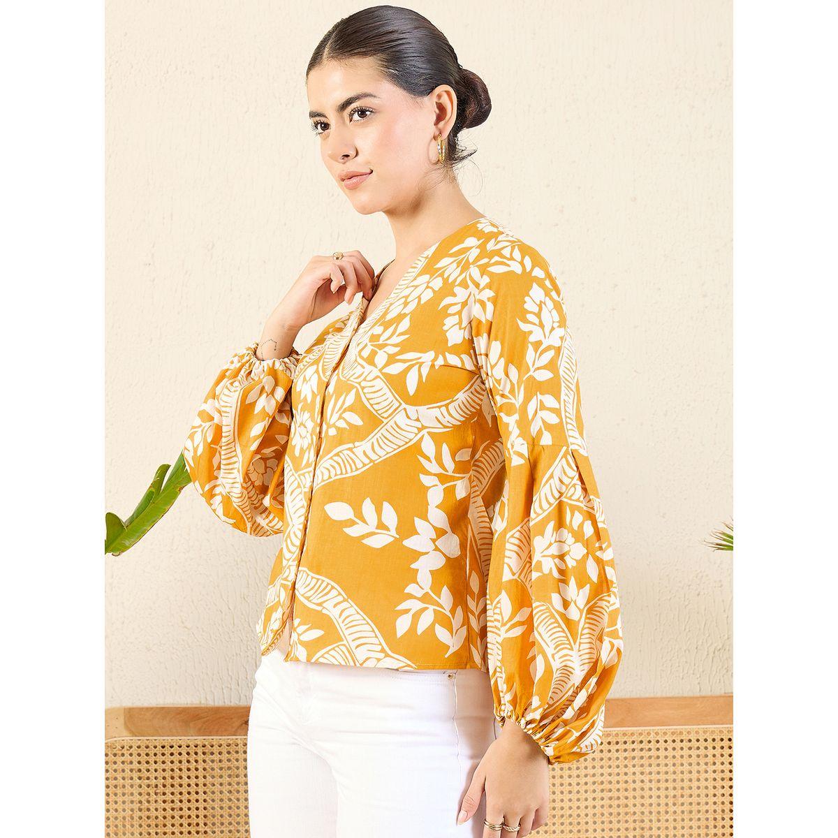Uptownie X Styli Women Orange Floral Print Shirt with Balloon Sleeves-women-clothing-shirtsandblouses-shirts-image-3