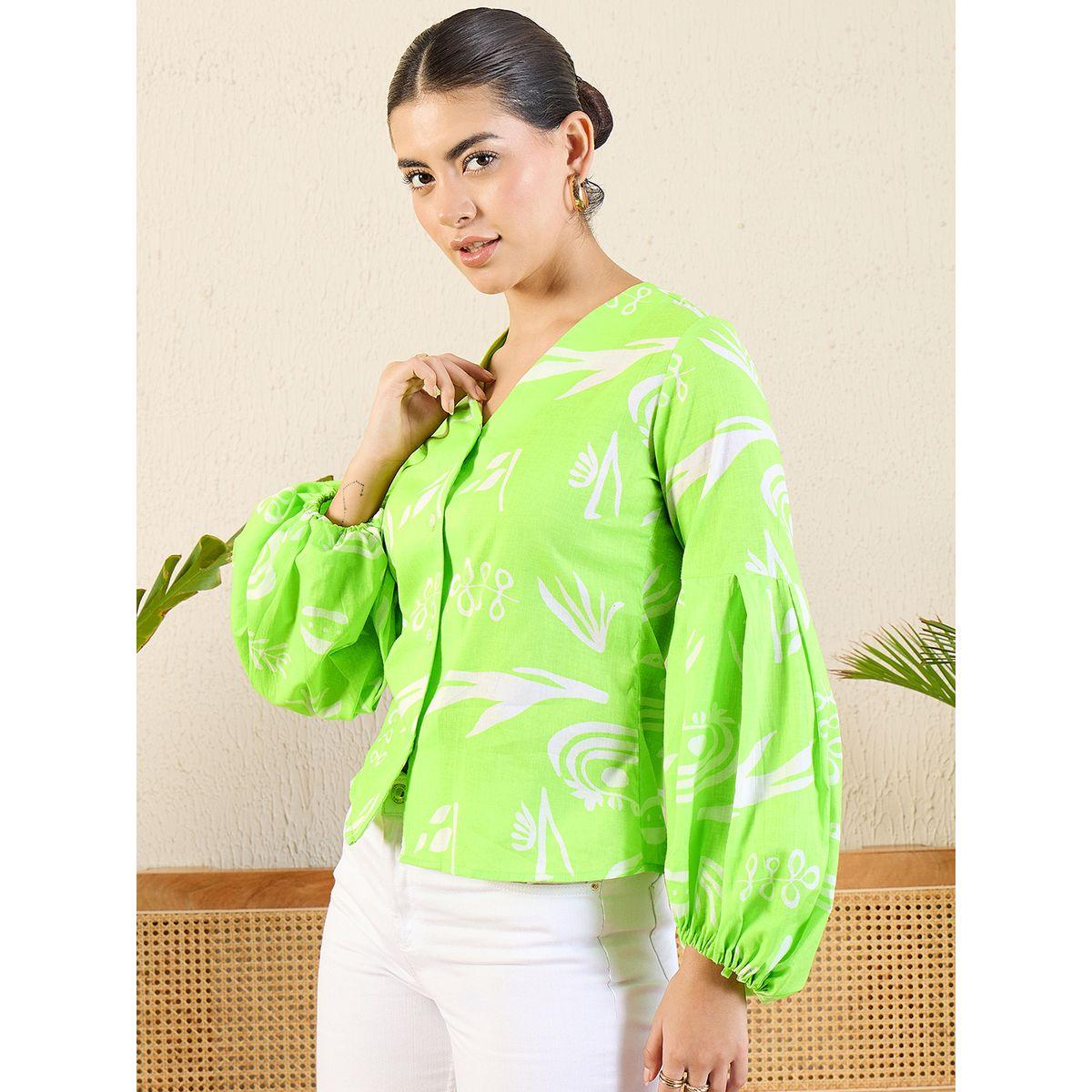 اب تاوني × ستايلي - قميص أخضر مطبوع بأكمام منفوخة للنساء-women-clothing-shirtsandblouses-shirts-image-3