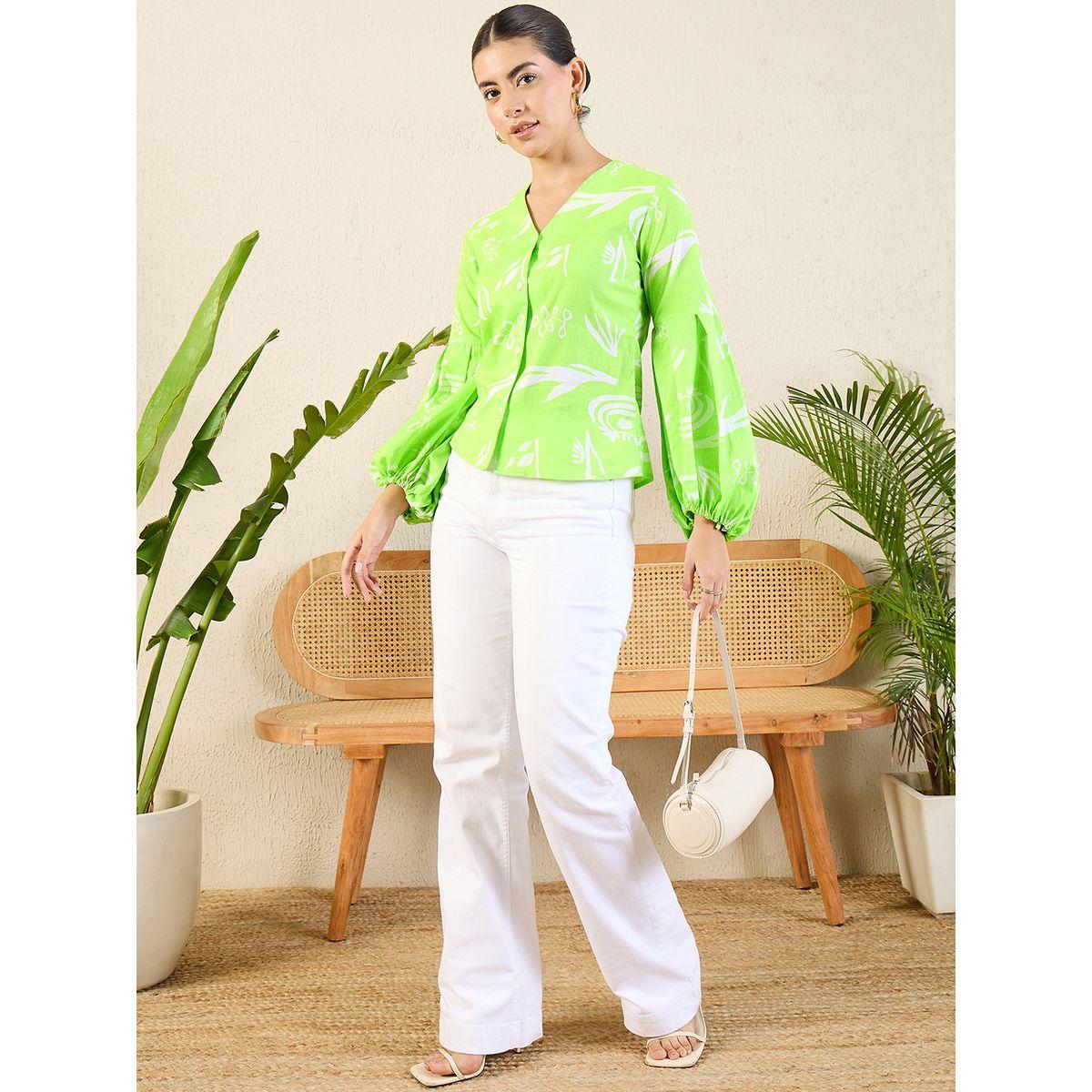 اب تاوني × ستايلي - قميص أخضر مطبوع بأكمام منفوخة للنساء-women-clothing-shirtsandblouses-shirts-image-6