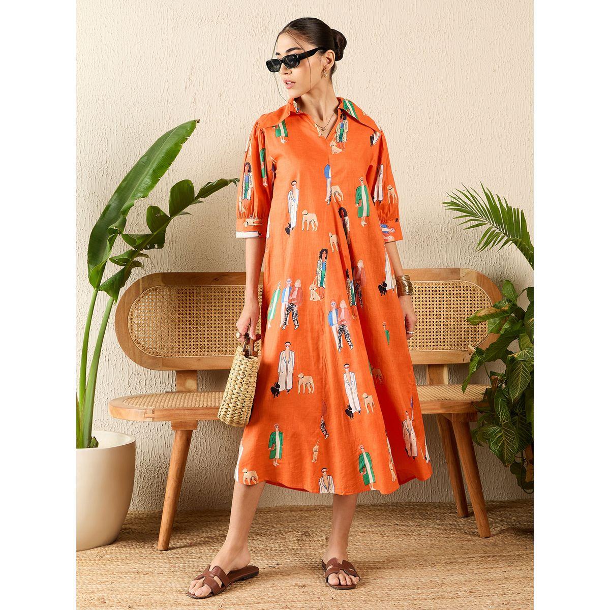 اب تاوني × ستايلي - فستان برتقالي متوسط ​​الطول من القطن بكسرات أمامية للنساء-women-clothing-dresses-image-1