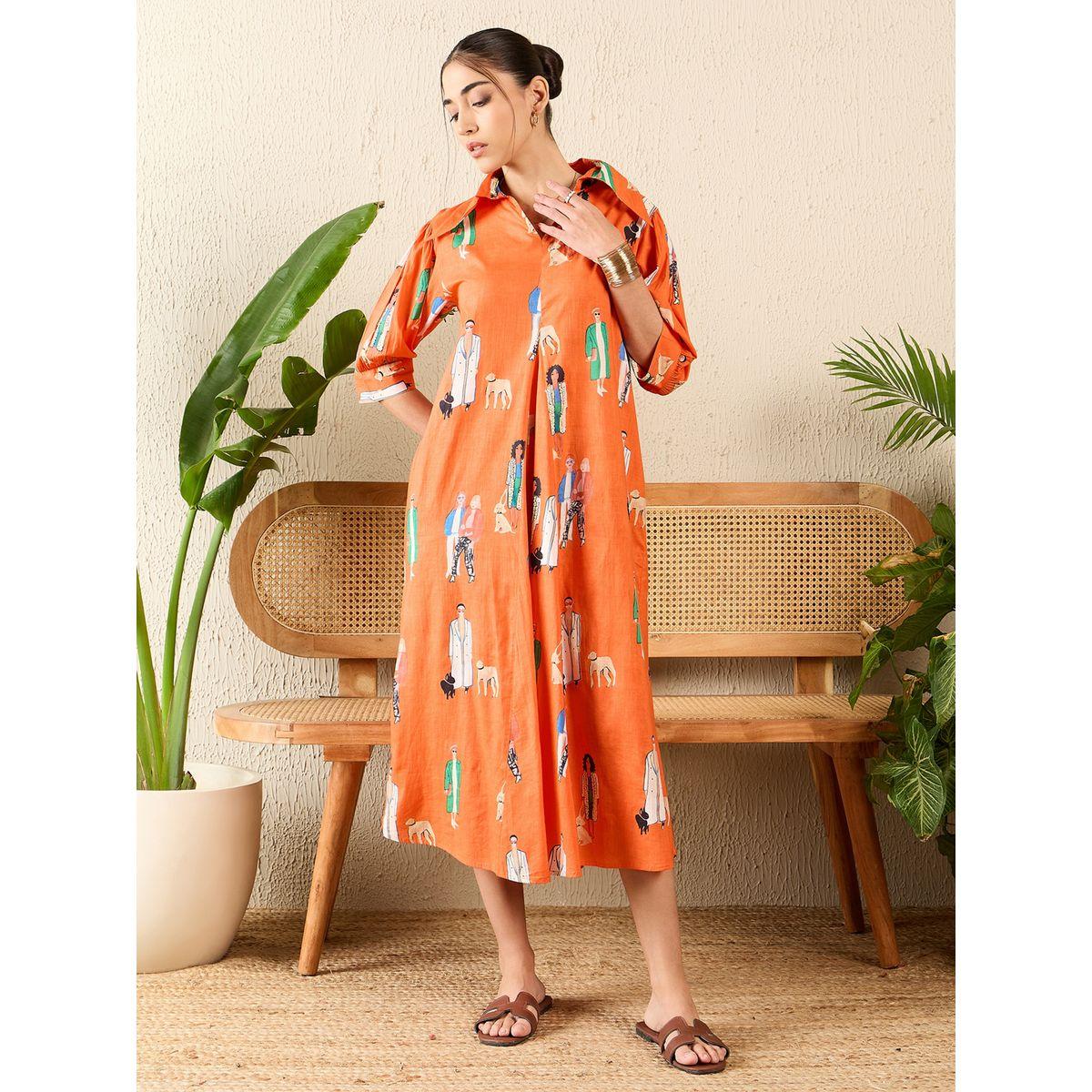 اب تاوني × ستايلي - فستان برتقالي متوسط ​​الطول من القطن بكسرات أمامية للنساء-women-clothing-dresses-image-2
