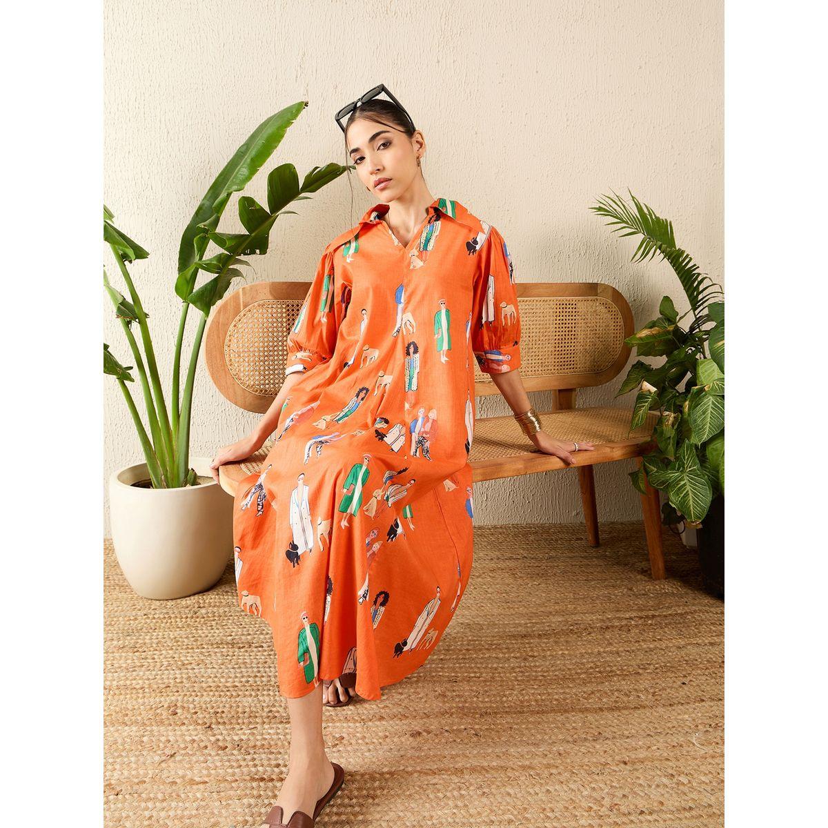 اب تاوني × ستايلي - فستان برتقالي متوسط ​​الطول من القطن بكسرات أمامية للنساء-women-clothing-dresses-image-4