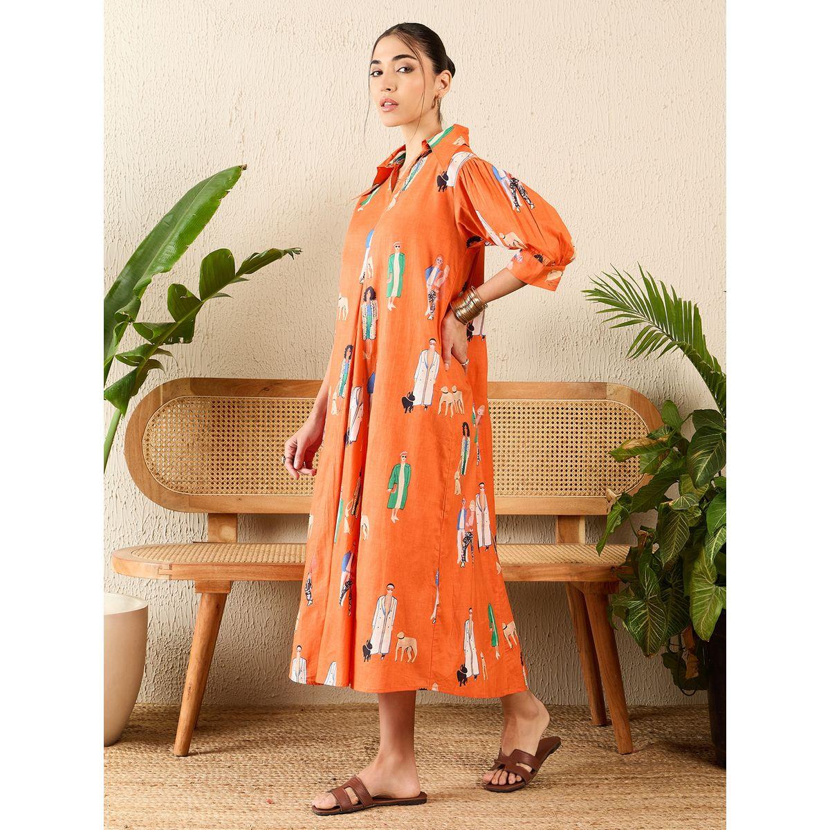 اب تاوني × ستايلي - فستان برتقالي متوسط ​​الطول من القطن بكسرات أمامية للنساء-women-clothing-dresses-image-5
