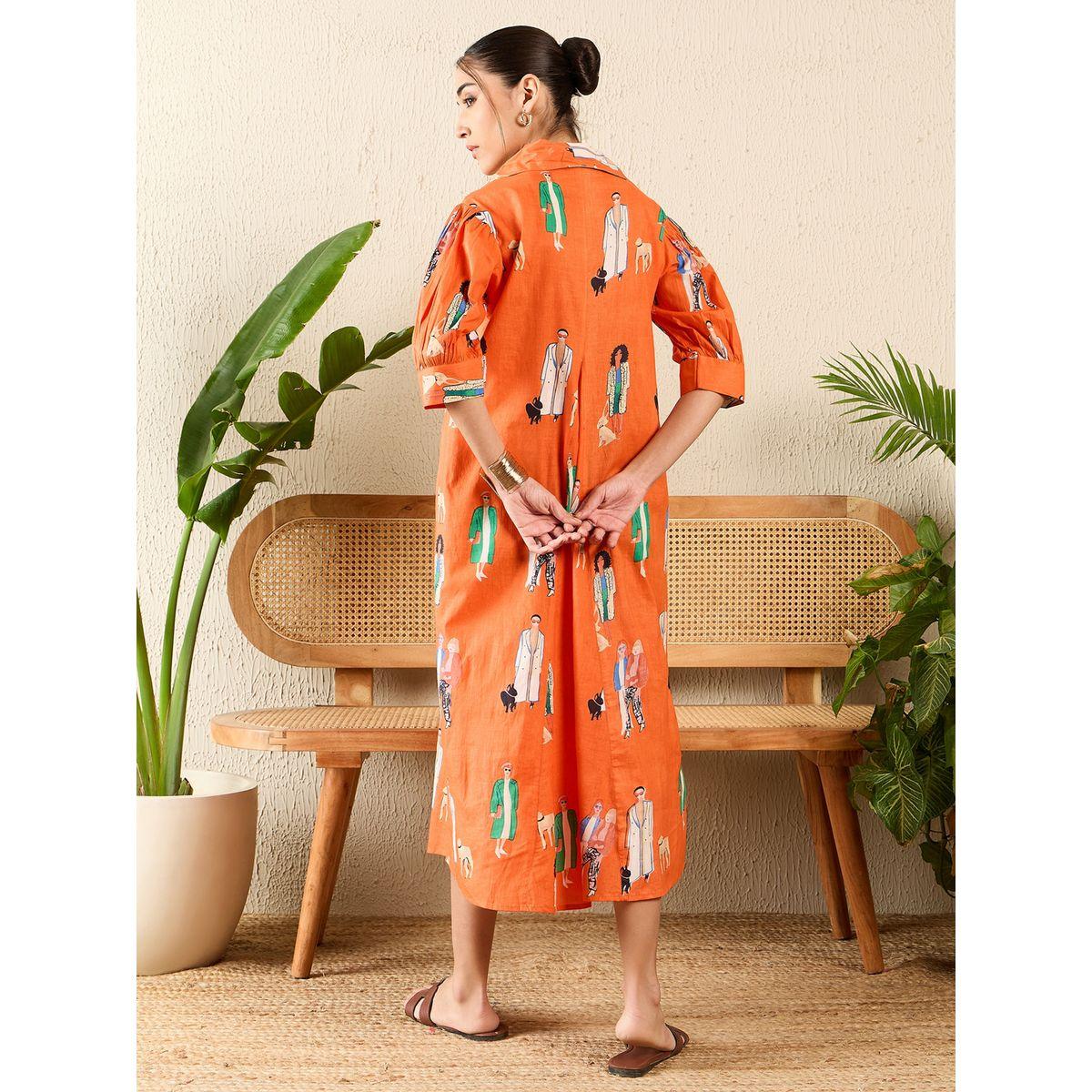 اب تاوني × ستايلي - فستان برتقالي متوسط ​​الطول من القطن بكسرات أمامية للنساء-women-clothing-dresses-image-6