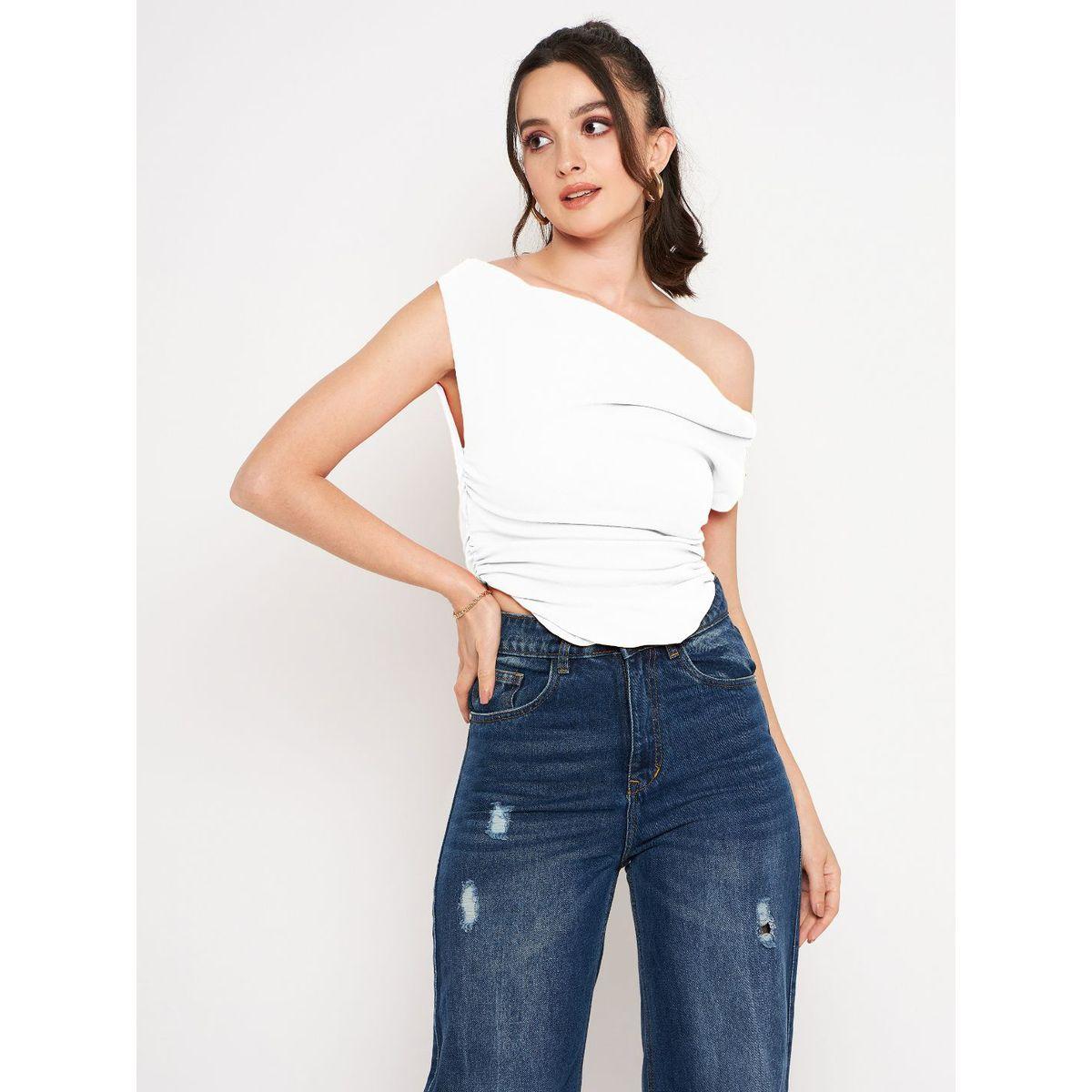 اب تاوني × ستايلي - بلوزة قصيرة قابلة للتمدد باللون الأبيض للنساء-women-clothing-tshirts-image-1