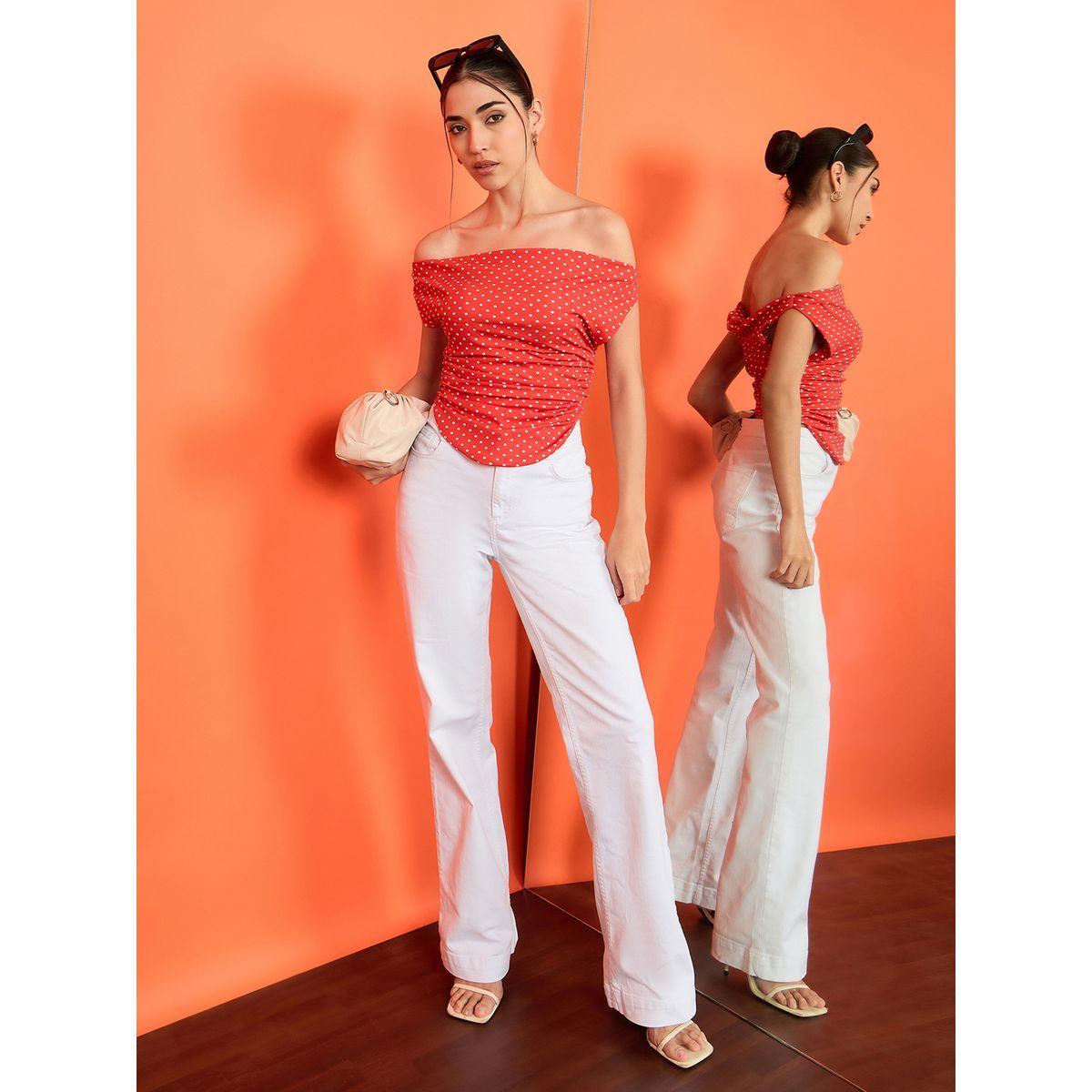 Uptownie X Styli Women Red Polka Dot Stretchable Fitted Crop Top-women-clothing-tshirts-image-1