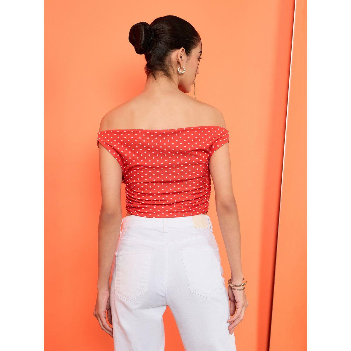 Uptownie X Styli Women Red Polka Dot Stretchable Fitted Crop Top-women-clothing-tshirts-image-2