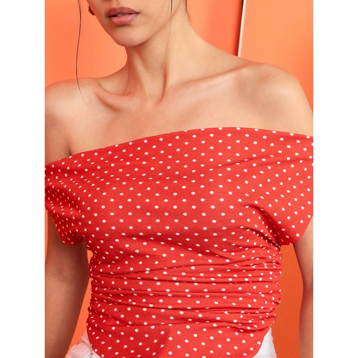 Uptownie X Styli Women Red Polka Dot Stretchable Fitted Crop Top-women-clothing-tshirts-image-3