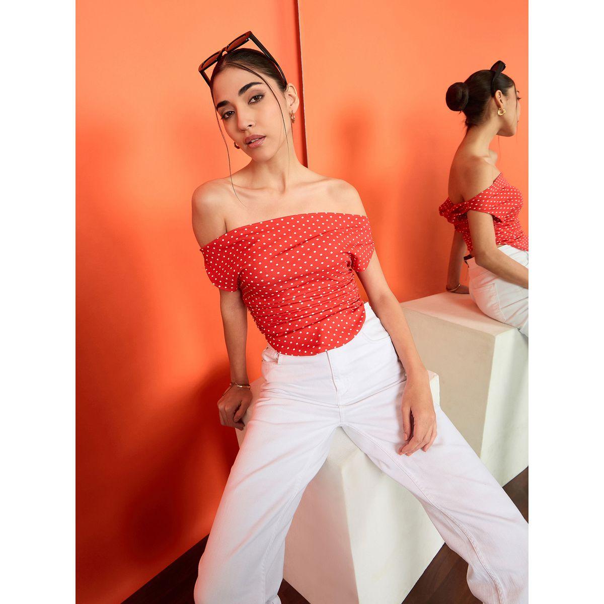 Uptownie X Styli Women Red Polka Dot Stretchable Fitted Crop Top-women-clothing-tshirts-image-4