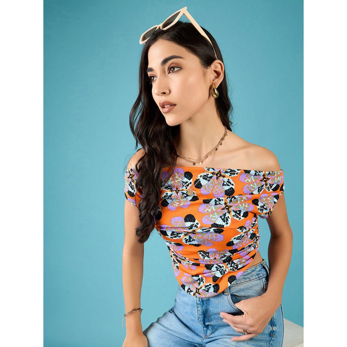 اب تاوني × ستايلي - بلوزة قصيرة مطاطية مطبوعة باللون البرتقالي للنساء-women-clothing-tshirts-image-1