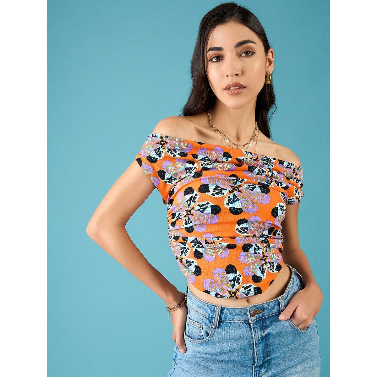 اب تاوني × ستايلي - بلوزة قصيرة مطاطية مطبوعة باللون البرتقالي للنساء-women-clothing-tshirts-image-2
