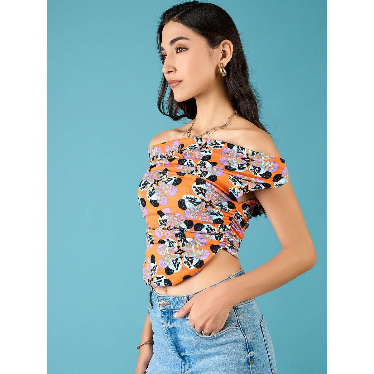 اب تاوني × ستايلي - بلوزة قصيرة مطاطية مطبوعة باللون البرتقالي للنساء-women-clothing-tshirts-image-3