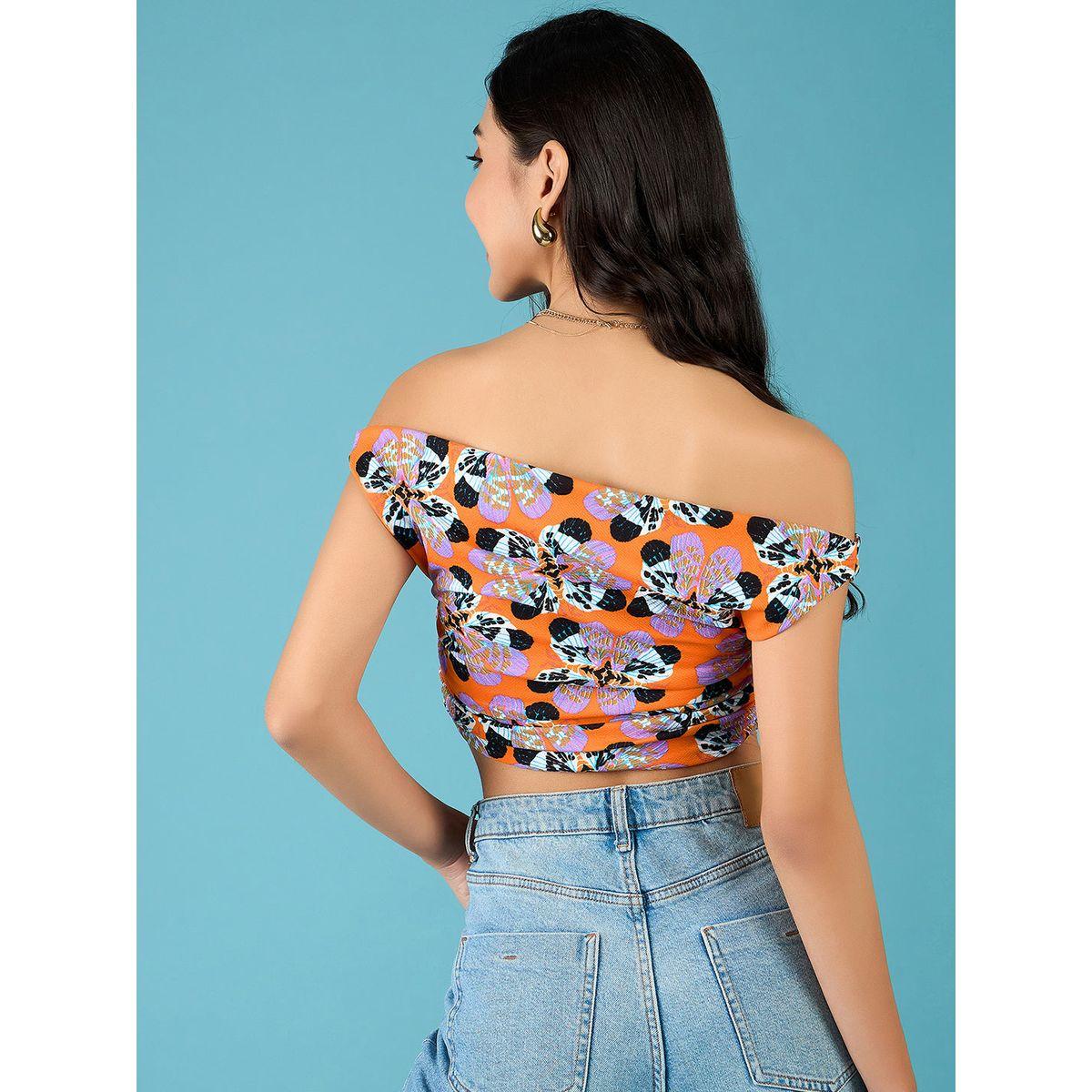 اب تاوني × ستايلي - بلوزة قصيرة مطاطية مطبوعة باللون البرتقالي للنساء-women-clothing-tshirts-image-4
