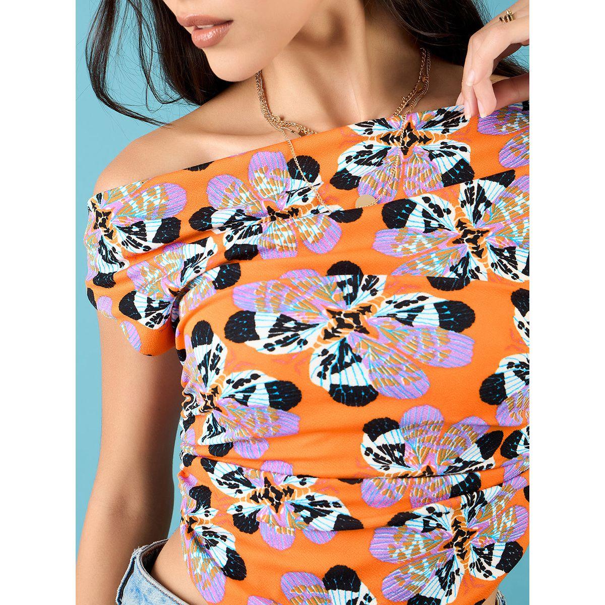 اب تاوني × ستايلي - بلوزة قصيرة مطاطية مطبوعة باللون البرتقالي للنساء-women-clothing-tshirts-image-5