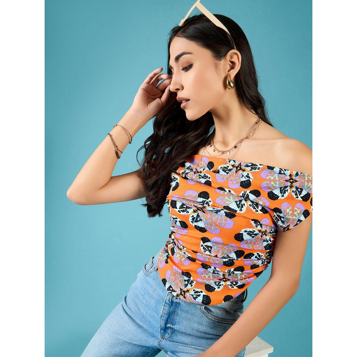 اب تاوني × ستايلي - بلوزة قصيرة مطاطية مطبوعة باللون البرتقالي للنساء-women-clothing-tshirts-image-7