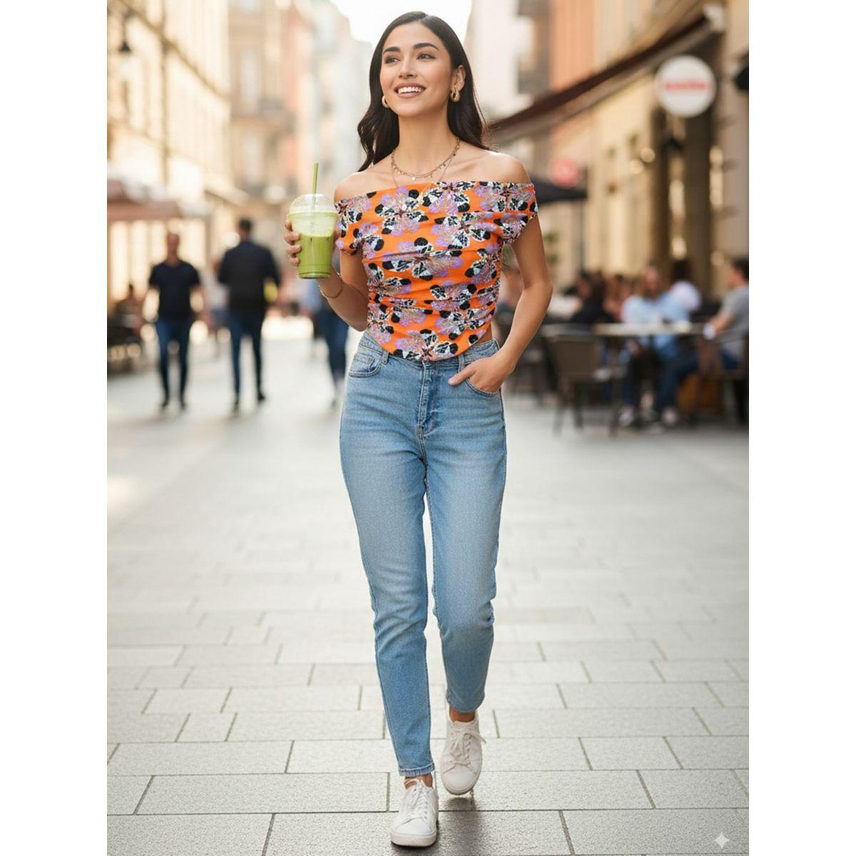 اب تاوني × ستايلي - بلوزة قصيرة مطاطية مطبوعة باللون البرتقالي للنساء-women-clothing-tshirts-image-8