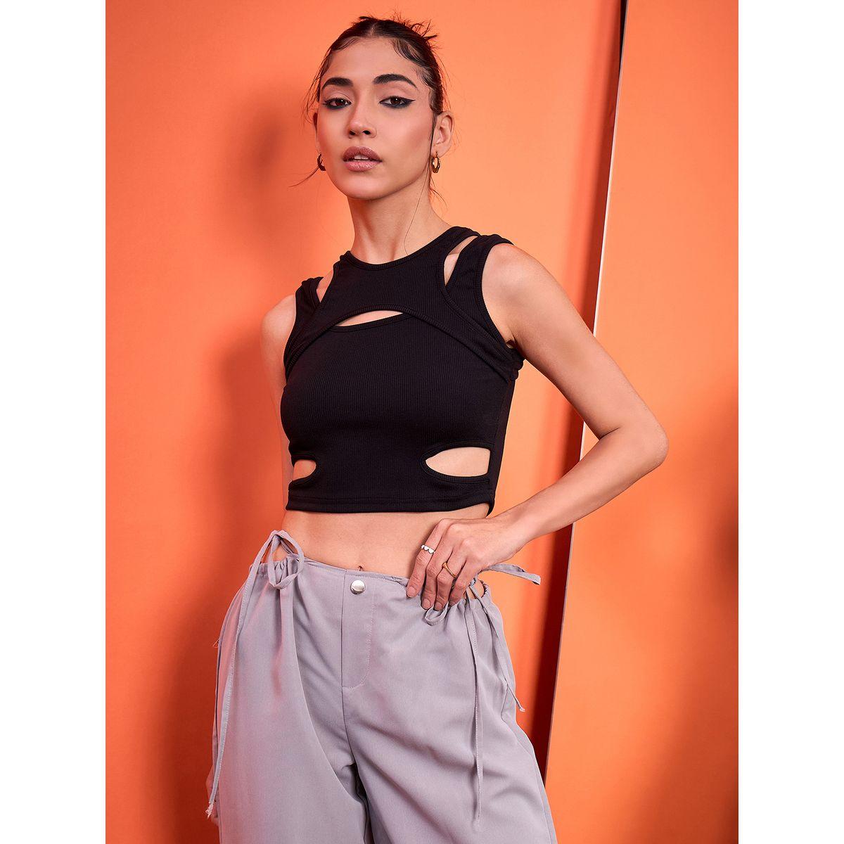 اب تاوني × ستايلي - بلوزة قصيرة مضلعة بتفاصيل مقصوصة باللون الأسود للنساء-women-clothing-tshirts-image-5