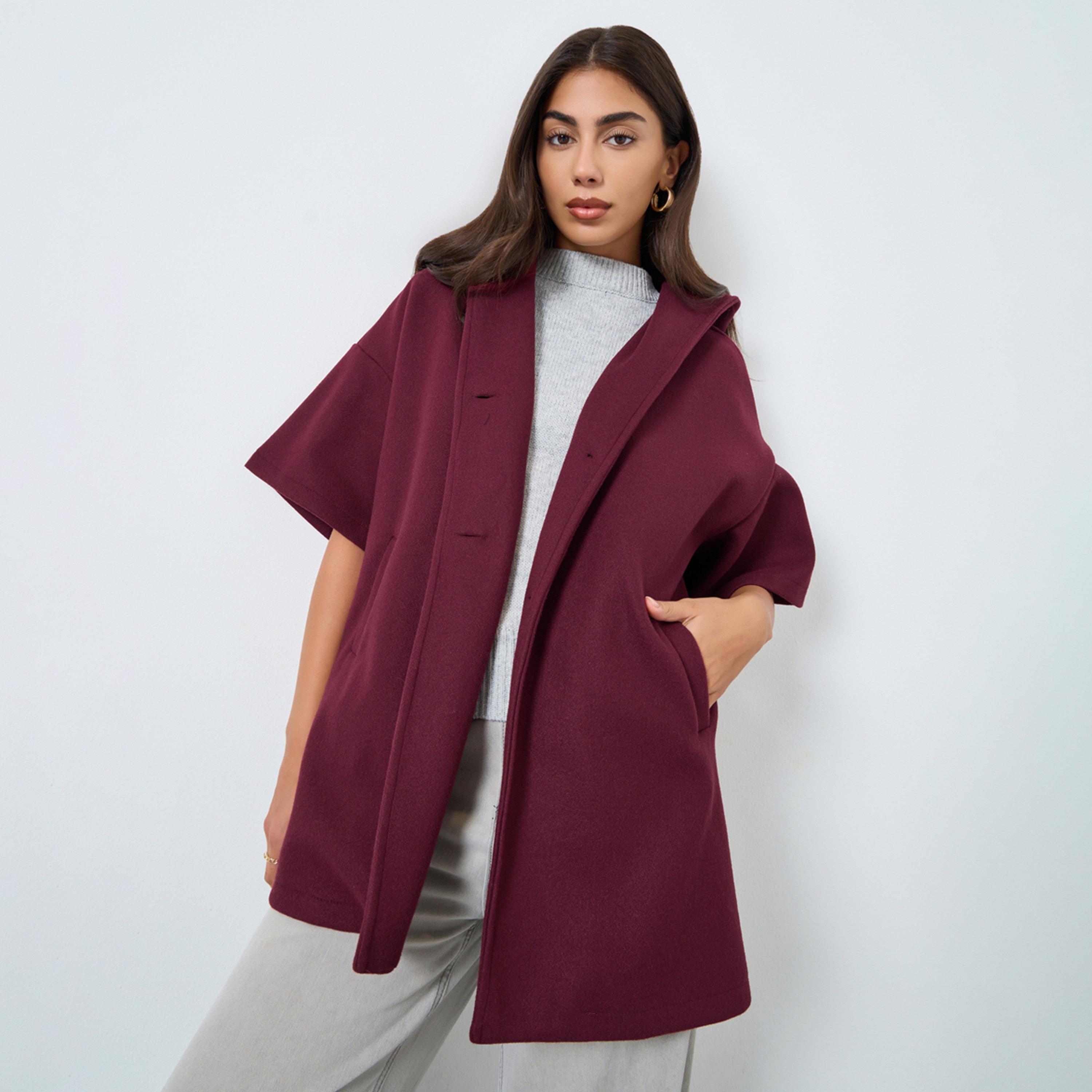 Styli Solid Hooded Neck Three-Quarter Sleeves Women's Button Through Cape Coat-women-clothing-coatsandjackets-coats-image-1