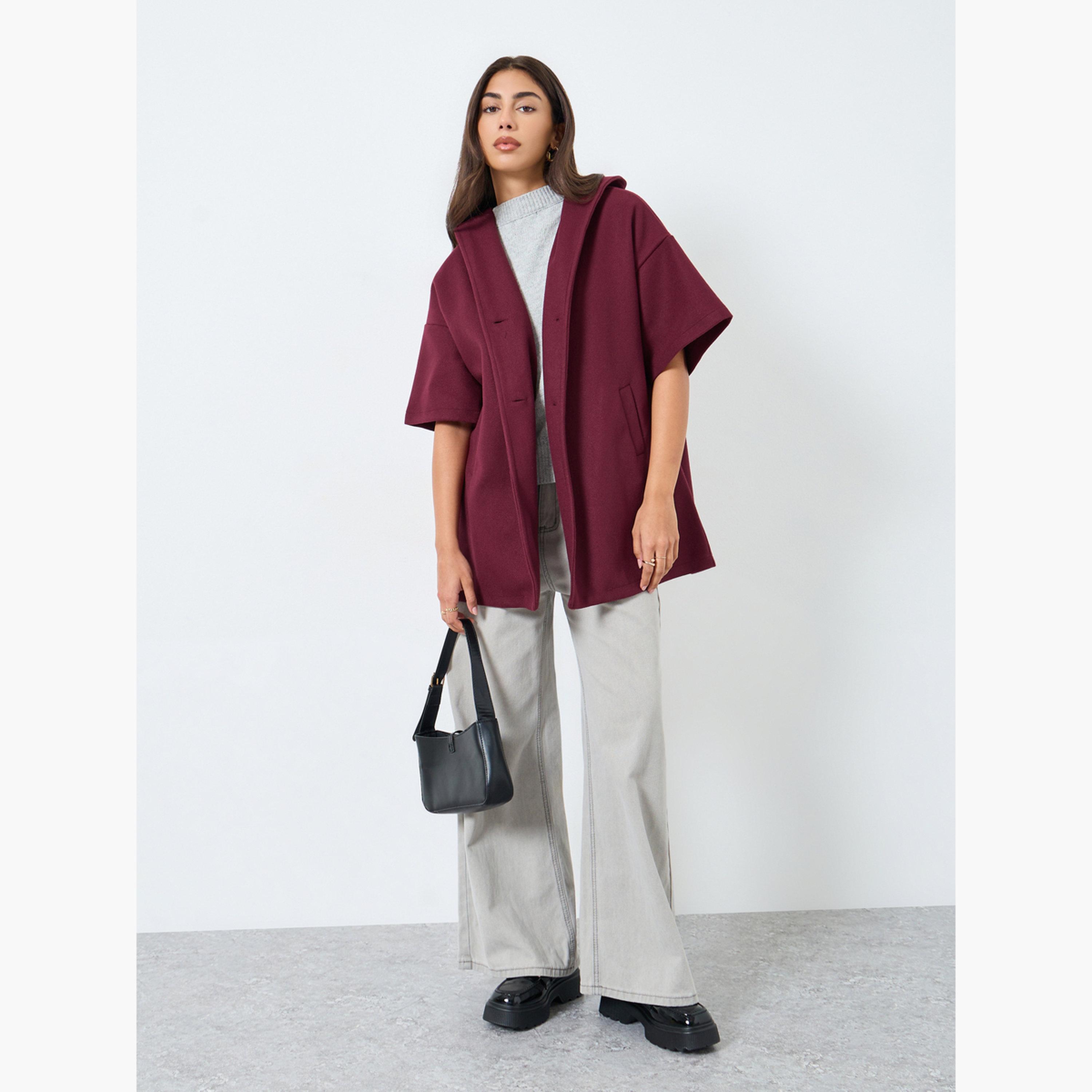 Styli Solid Hooded Neck Three-Quarter Sleeves Women's Button Through Cape Coat-women-clothing-coatsandjackets-coats-image-2