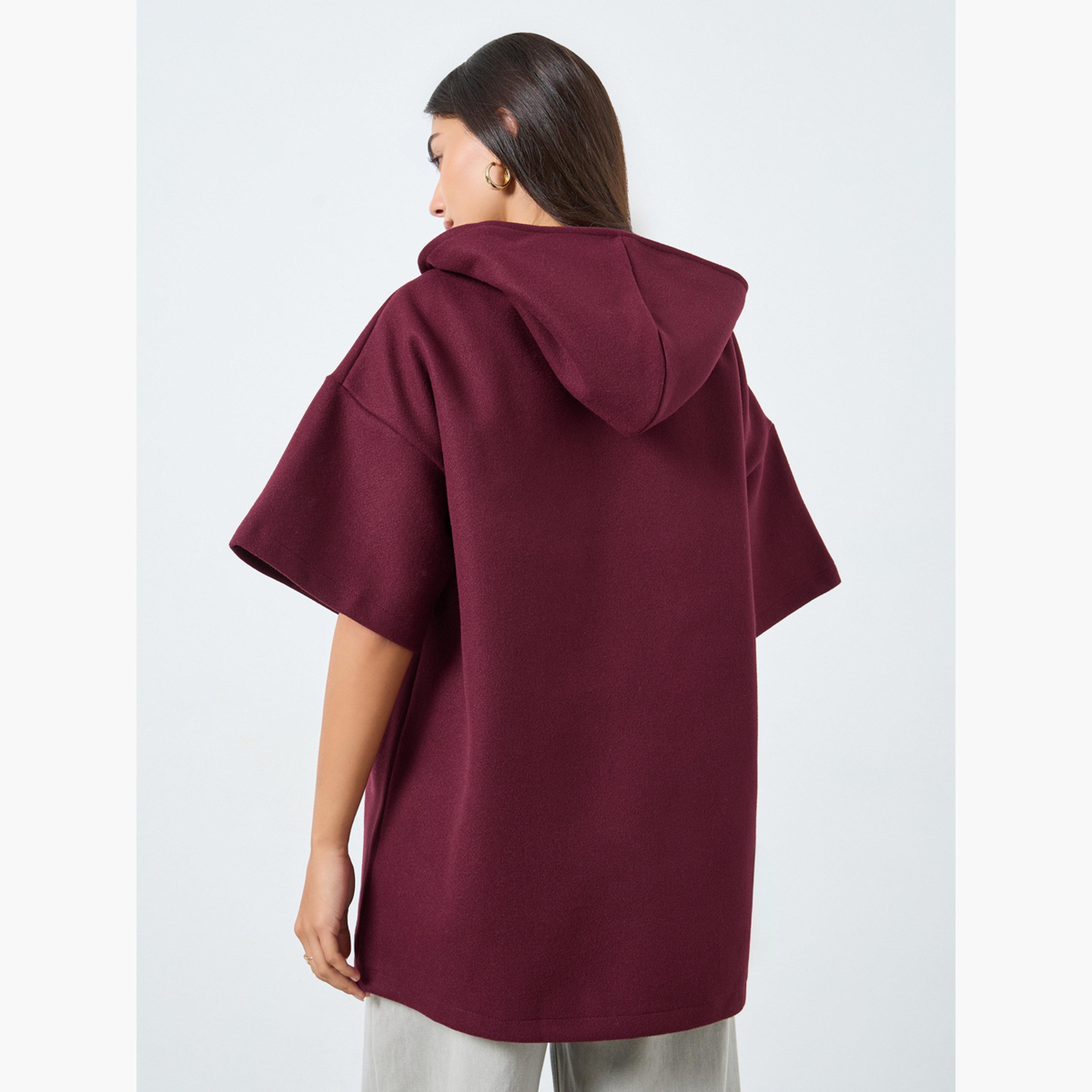 Styli Solid Hooded Neck Three-Quarter Sleeves Women's Button Through Cape Coat-women-clothing-coatsandjackets-coats-image-3