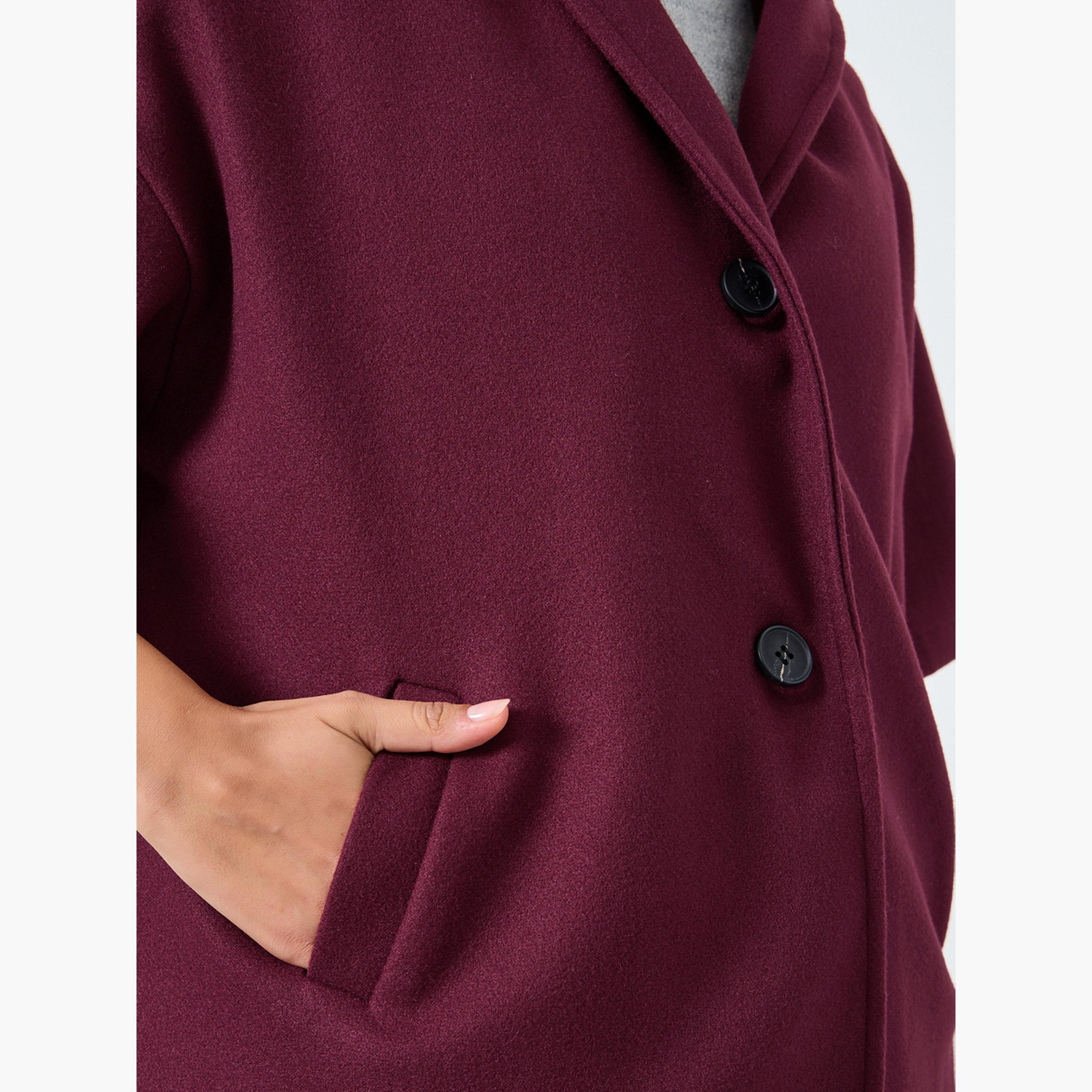 Styli Solid Hooded Neck Three-Quarter Sleeves Women's Button Through Cape Coat-women-clothing-coatsandjackets-coats-image-4