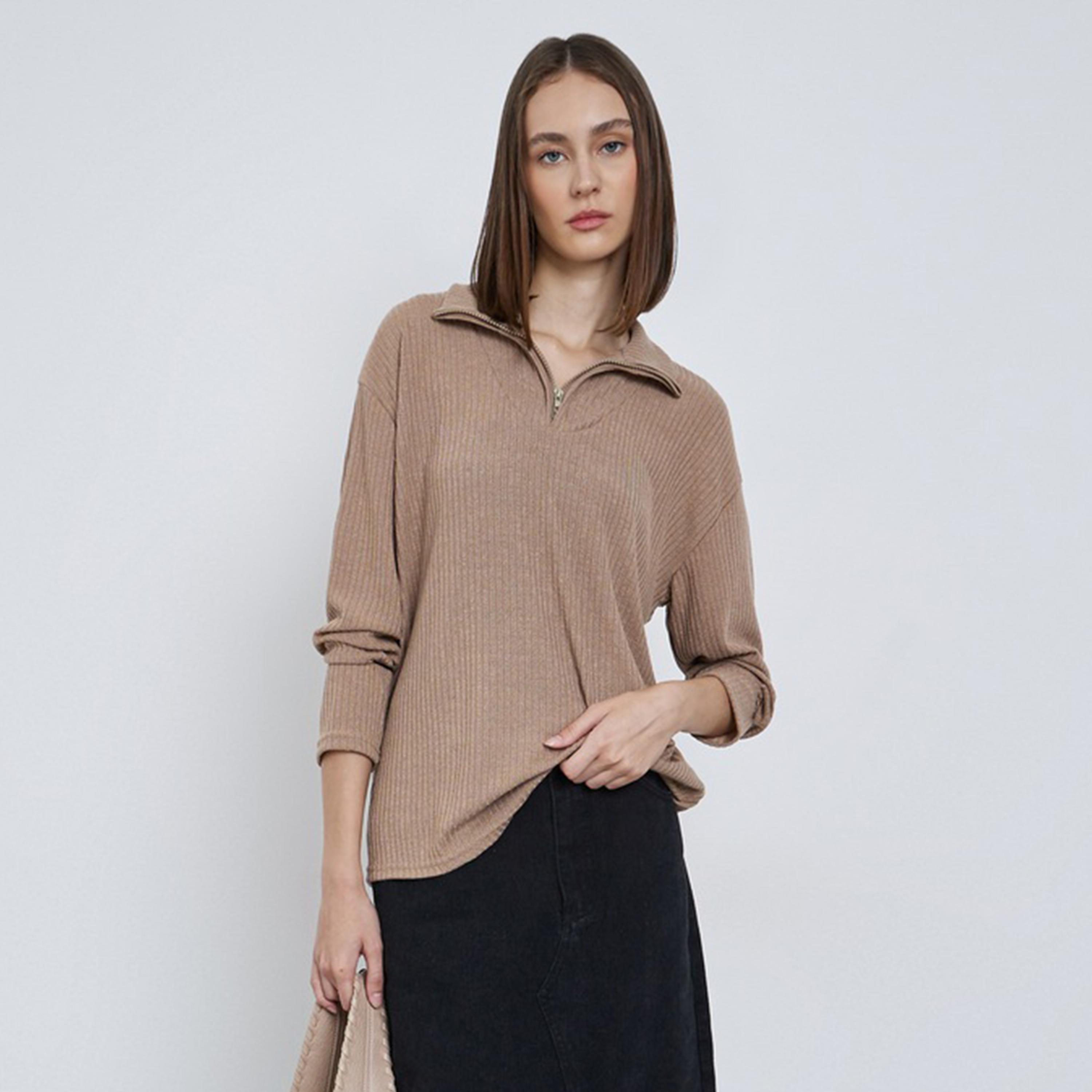 ستايلي - سويت شيرت كاكي سادة مضلع-women-winterwear-hoodiesandsweatshirts-sweatshirts-image-1