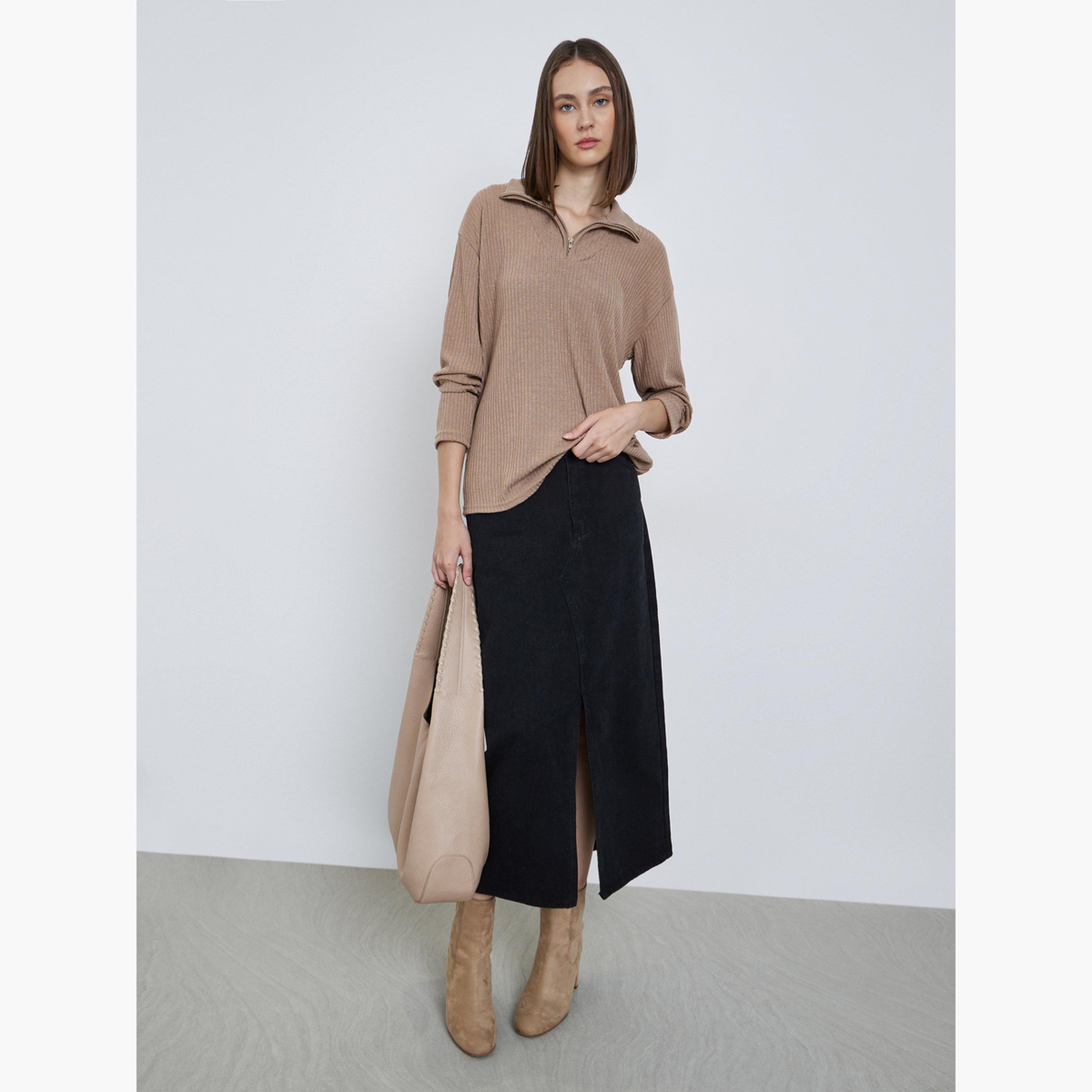 ستايلي - سويت شيرت كاكي سادة مضلع-women-winterwear-hoodiesandsweatshirts-sweatshirts-image-2