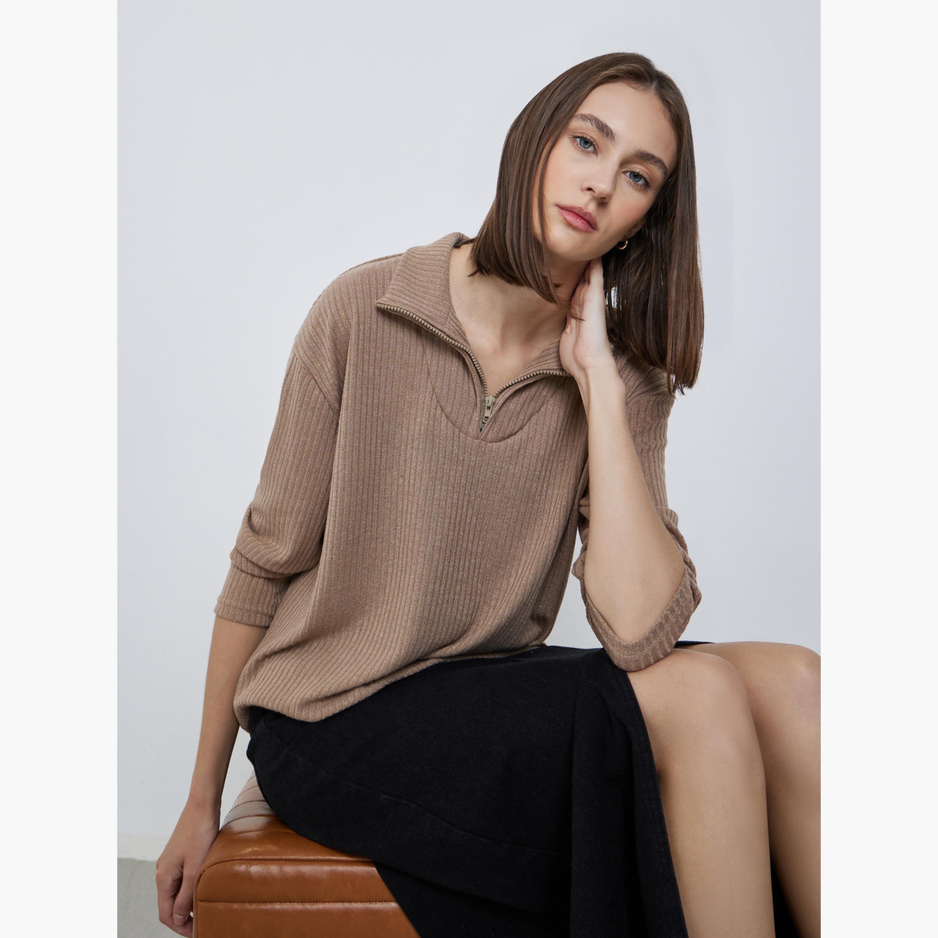 ستايلي - سويت شيرت كاكي سادة مضلع-women-winterwear-hoodiesandsweatshirts-sweatshirts-image-3