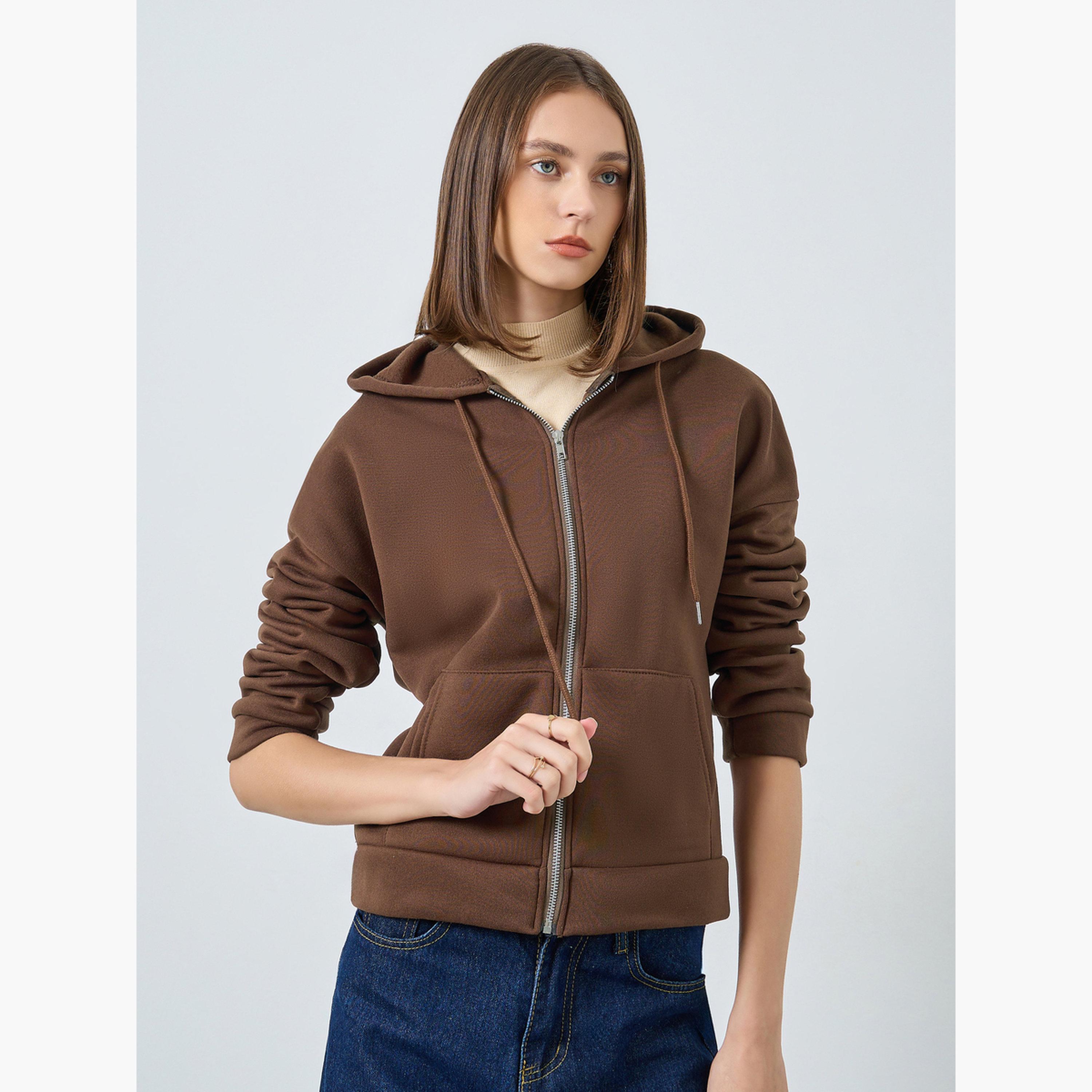 Styli Solid Hooded Neck Long Sleeves Women's Zip Through Hoodie-women-clothing-hoodiesandsweatshirts-hoodies-image-1