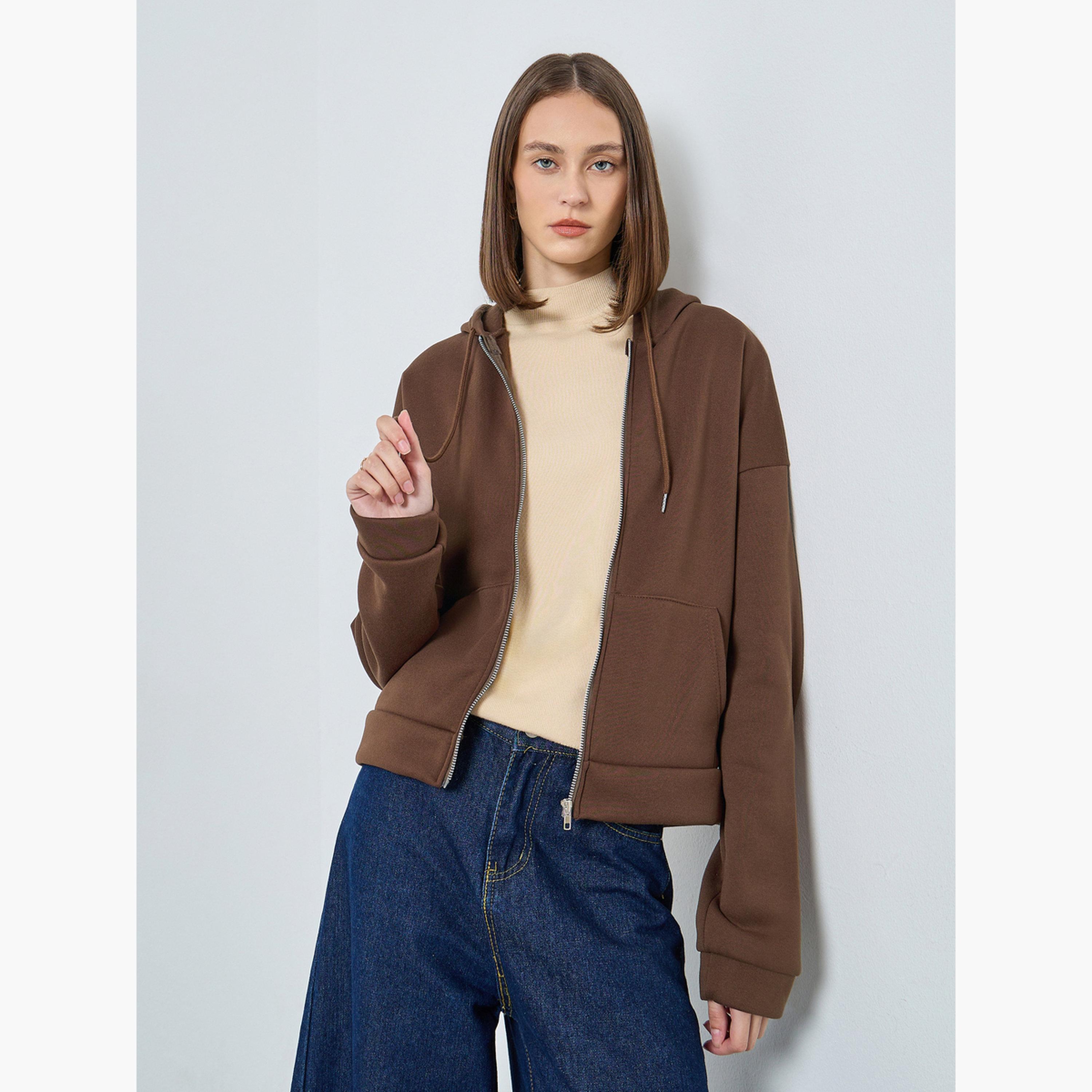 Styli Solid Hooded Neck Long Sleeves Women's Zip Through Hoodie-women-clothing-hoodiesandsweatshirts-hoodies-image-3