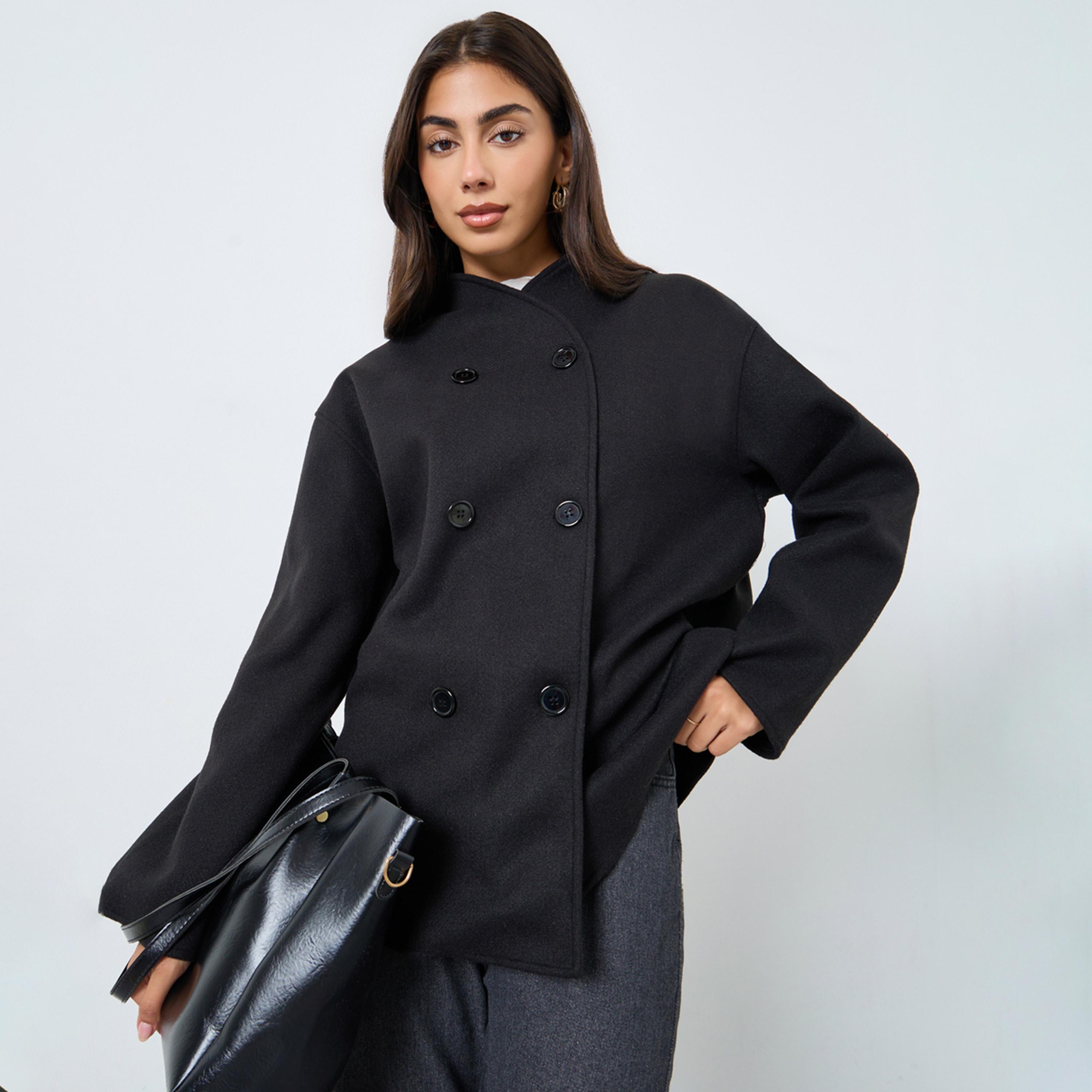 Styli Women Black Solid Stand Collar Drop Shoulder Coat-women-clothing-coatsandjackets-coats-image-1