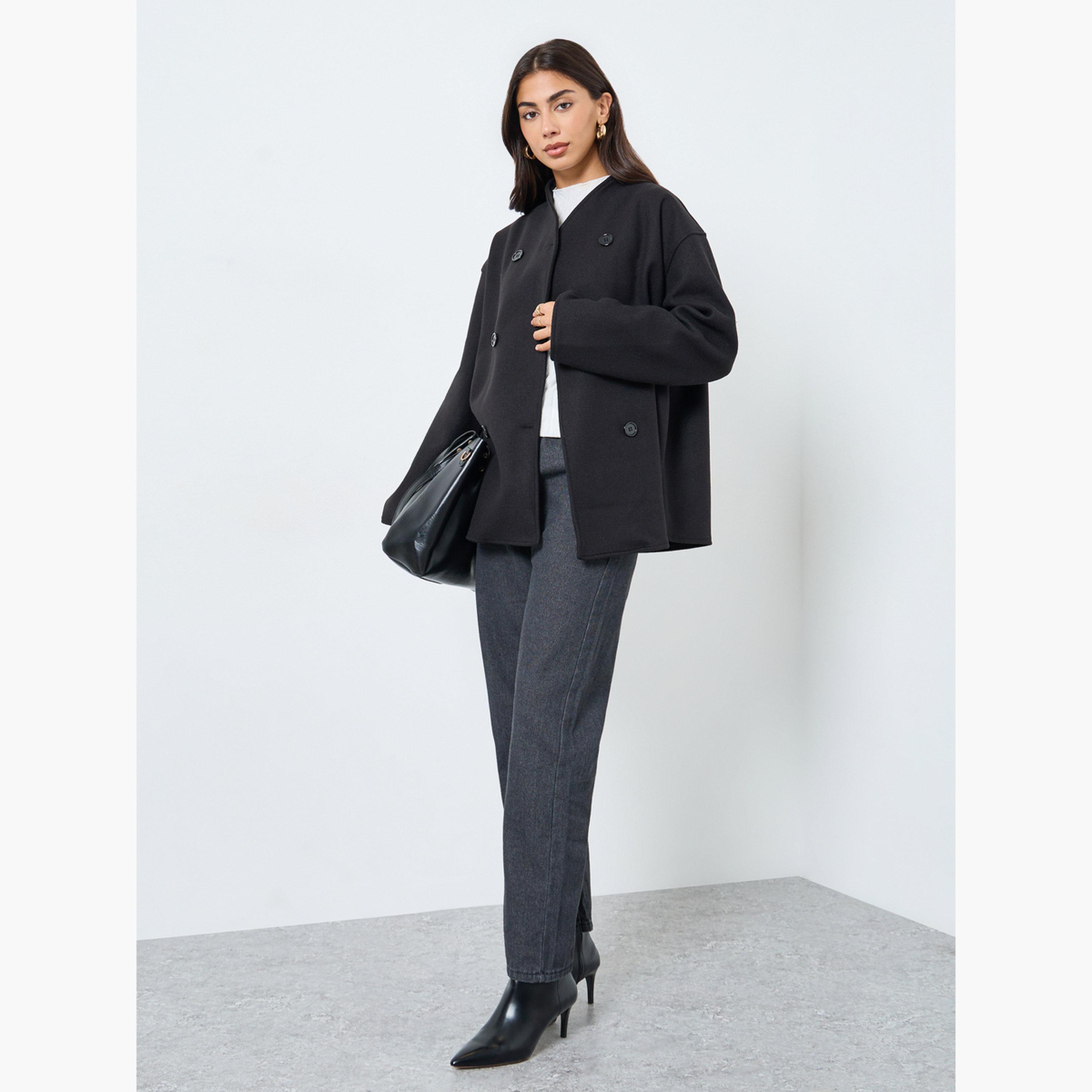 Styli Women Black Solid Stand Collar Drop Shoulder Coat-women-clothing-coatsandjackets-coats-image-2
