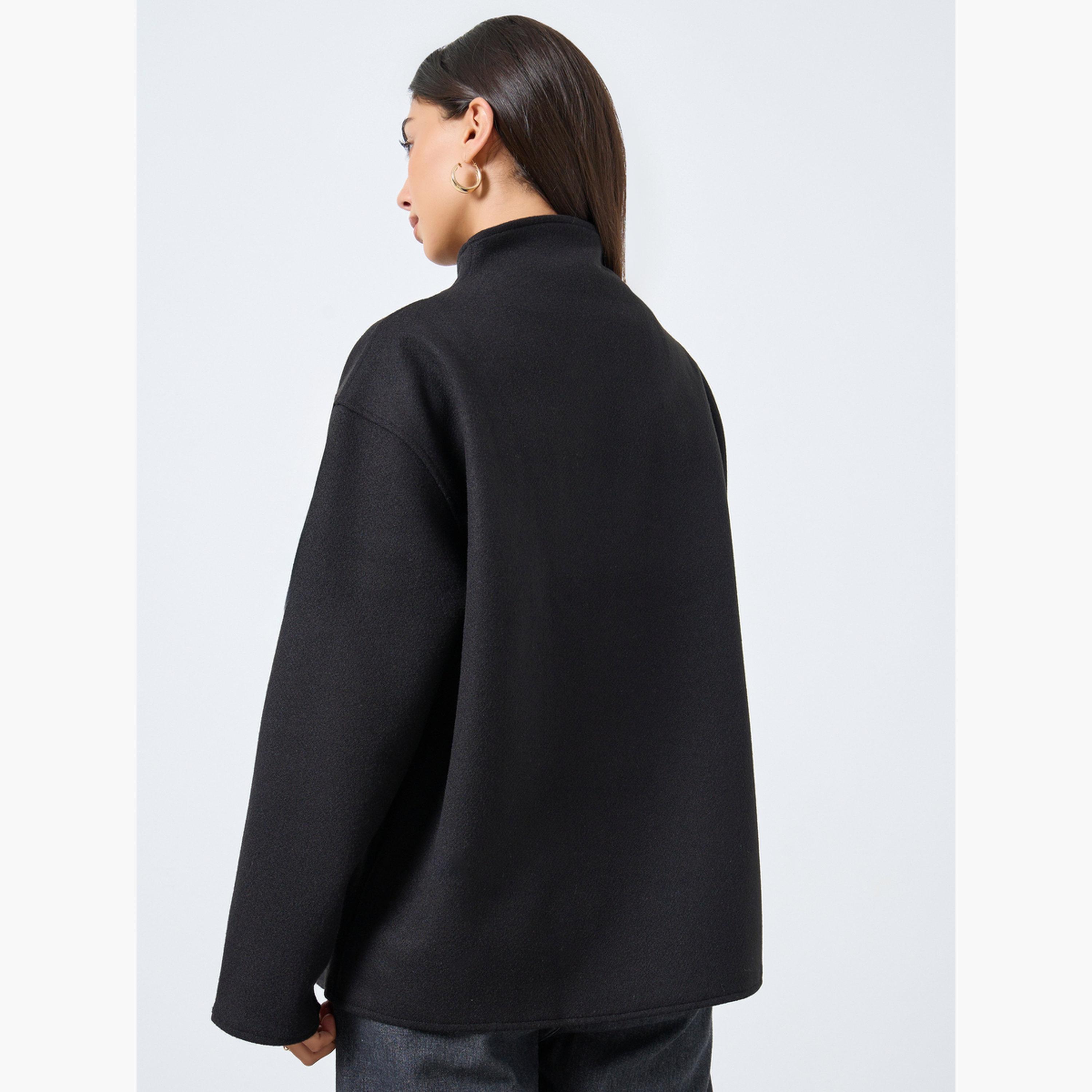 Styli Women Black Solid Stand Collar Drop Shoulder Coat-women-clothing-coatsandjackets-coats-image-4