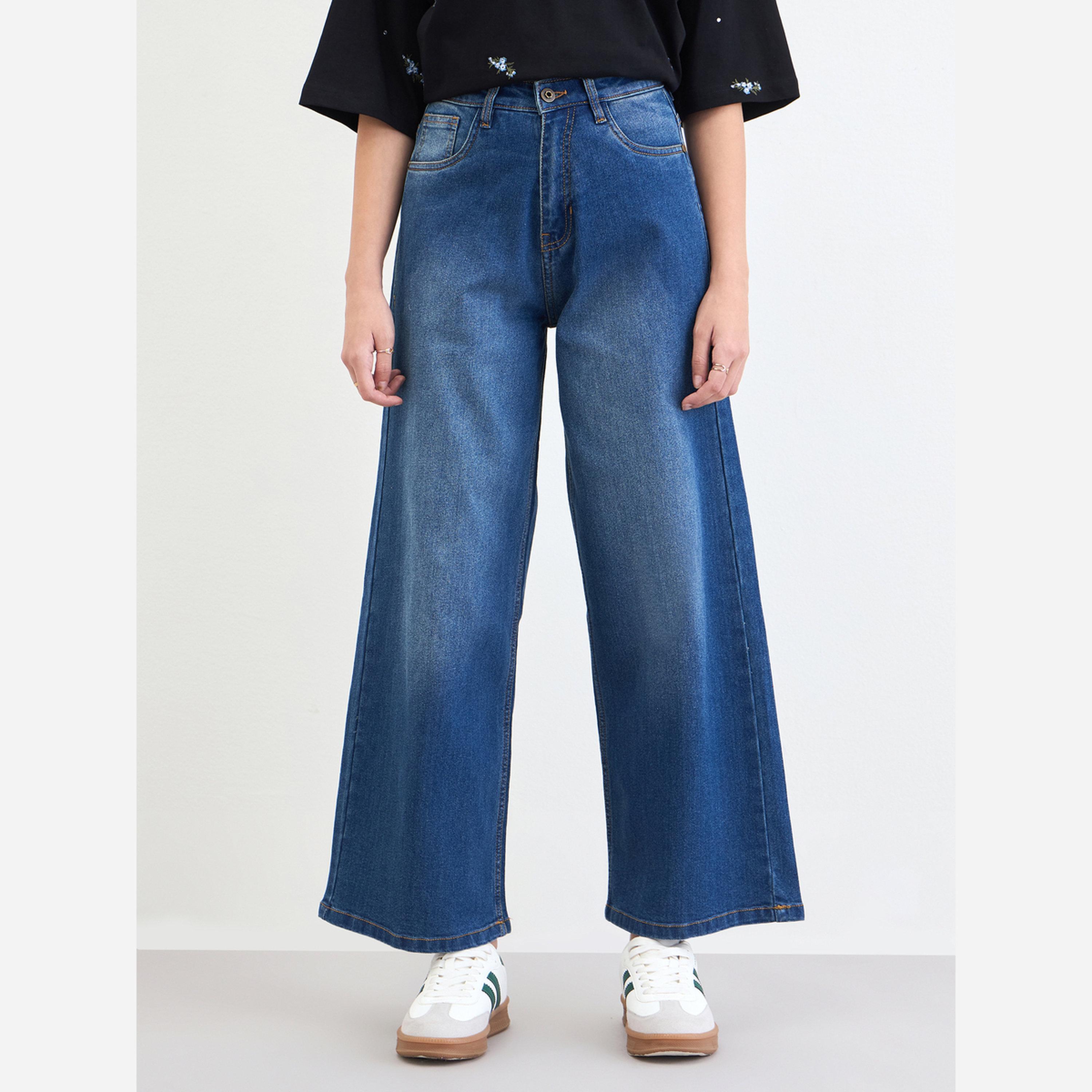 ستايلي - بنطال جينز نسائي لون أزرق عالي الخصر واسع الساقين-women-clothing-bottoms-jeans-image-1