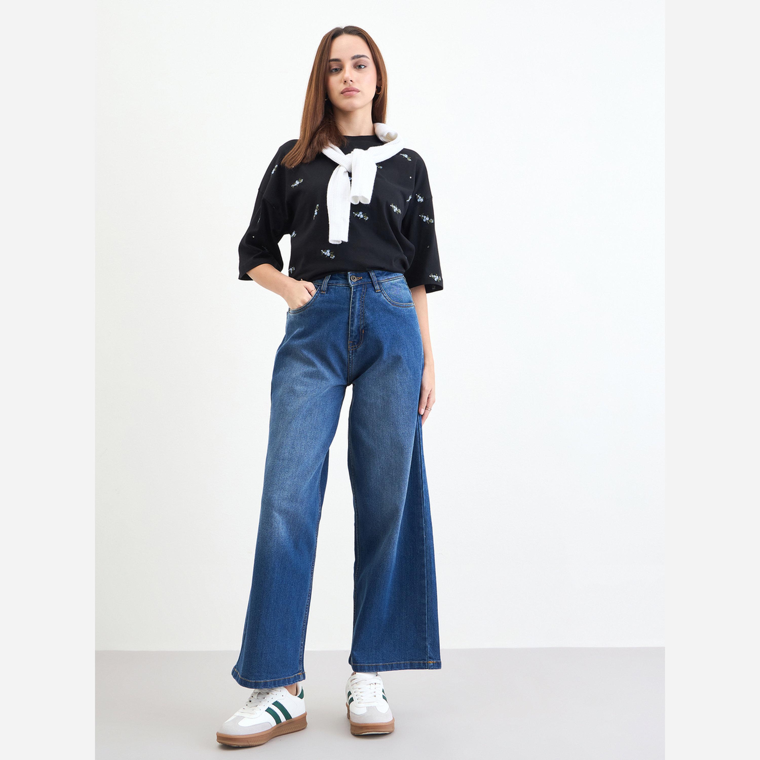 ستايلي - بنطال جينز نسائي لون أزرق عالي الخصر واسع الساقين-women-clothing-bottoms-jeans-image-2