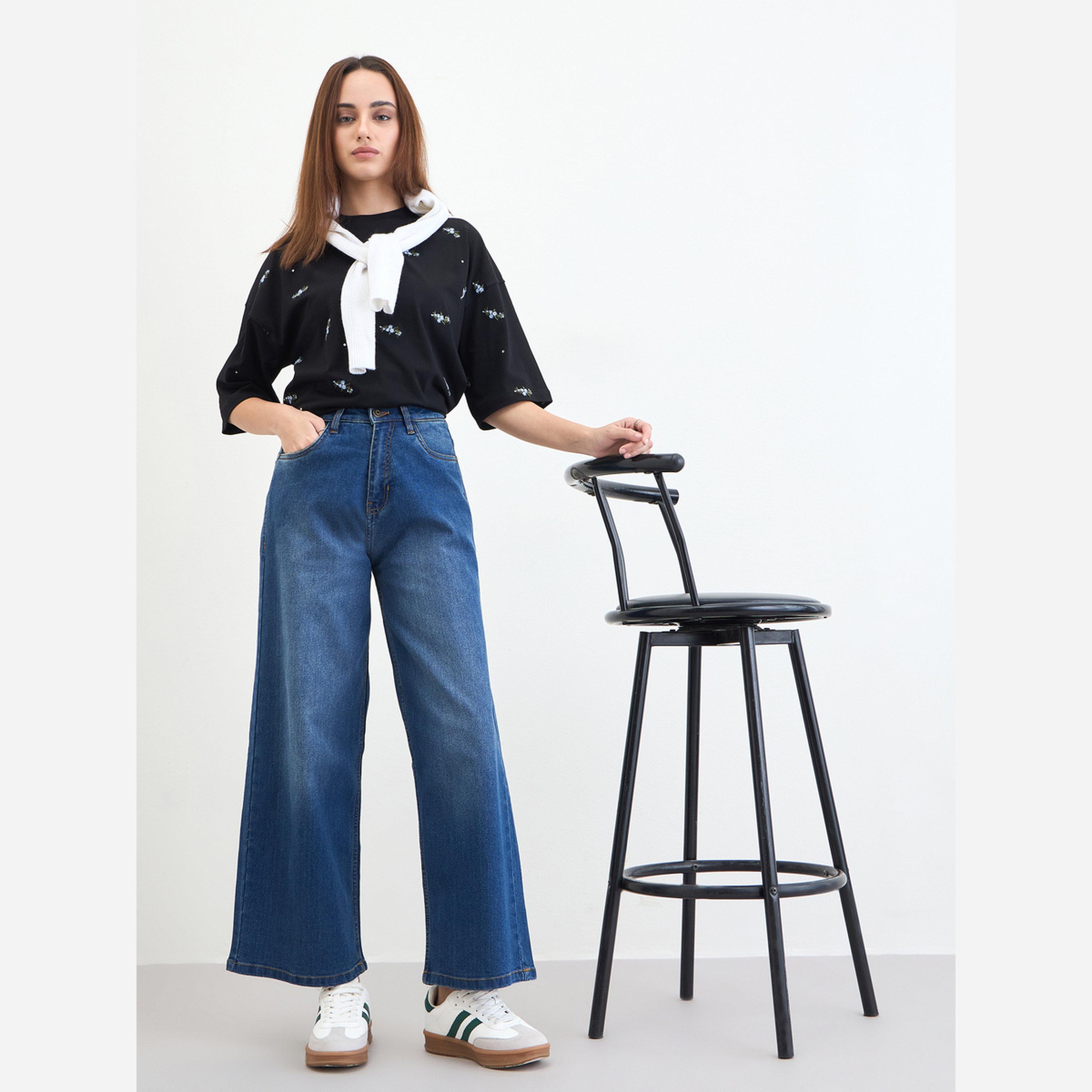 ستايلي - بنطال جينز نسائي لون أزرق عالي الخصر واسع الساقين-women-clothing-bottoms-jeans-image-3