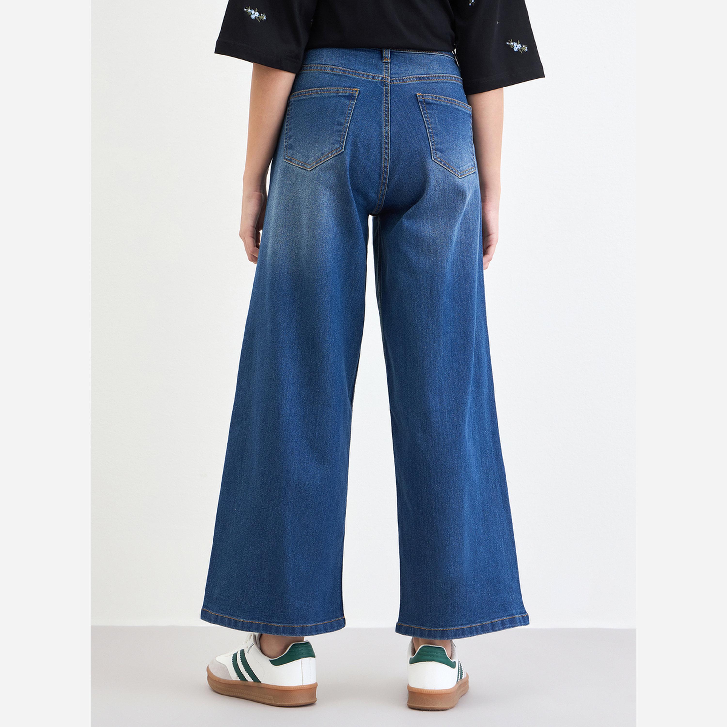 ستايلي - بنطال جينز نسائي لون أزرق عالي الخصر واسع الساقين-women-clothing-bottoms-jeans-image-4