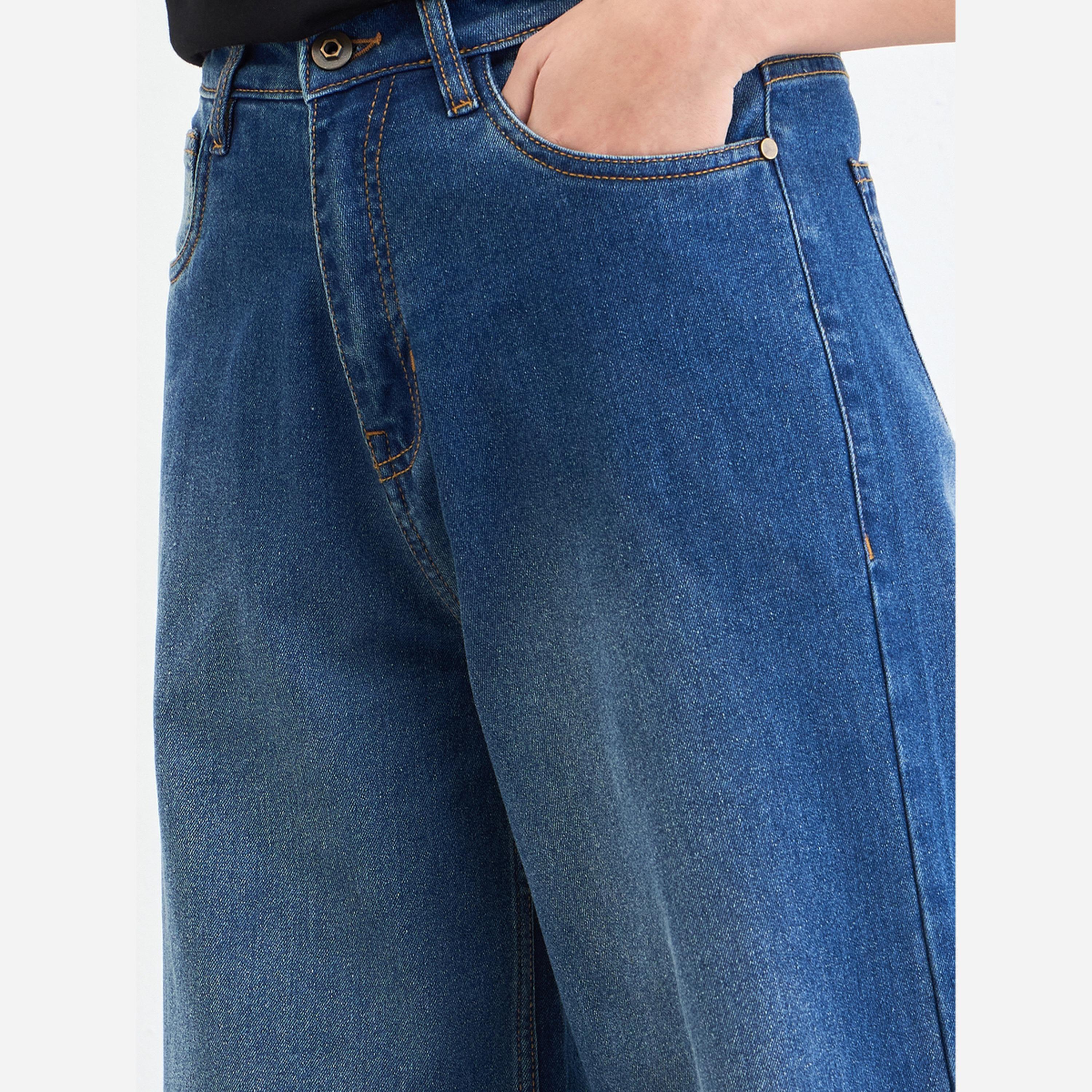 ستايلي - بنطال جينز نسائي لون أزرق عالي الخصر واسع الساقين-women-clothing-bottoms-jeans-image-5