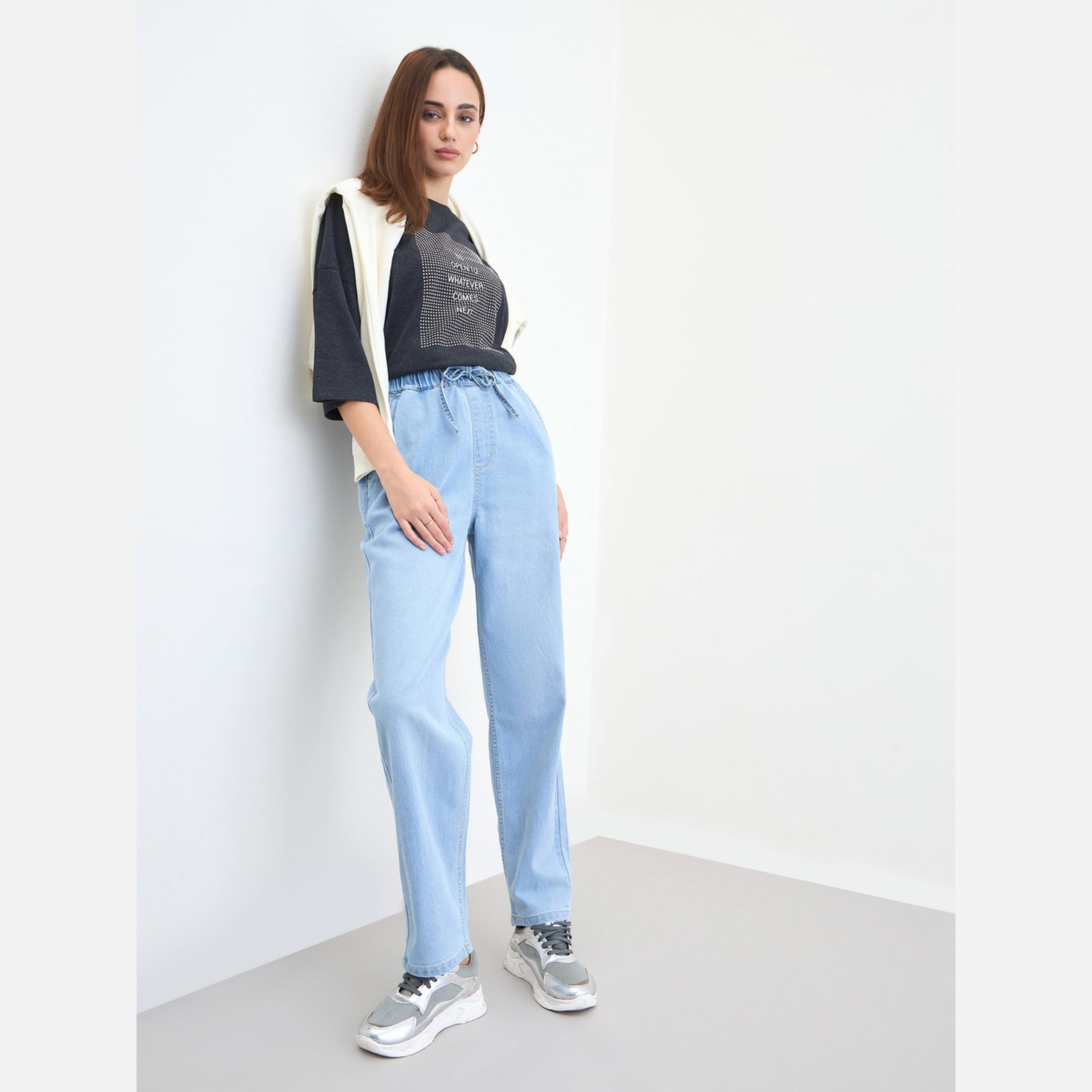 ستايلي - بنطال جينز نسائي لون أزرق فاتح قصة مريحة وخصر مرتفع-women-clothing-bottoms-jeans-image-2