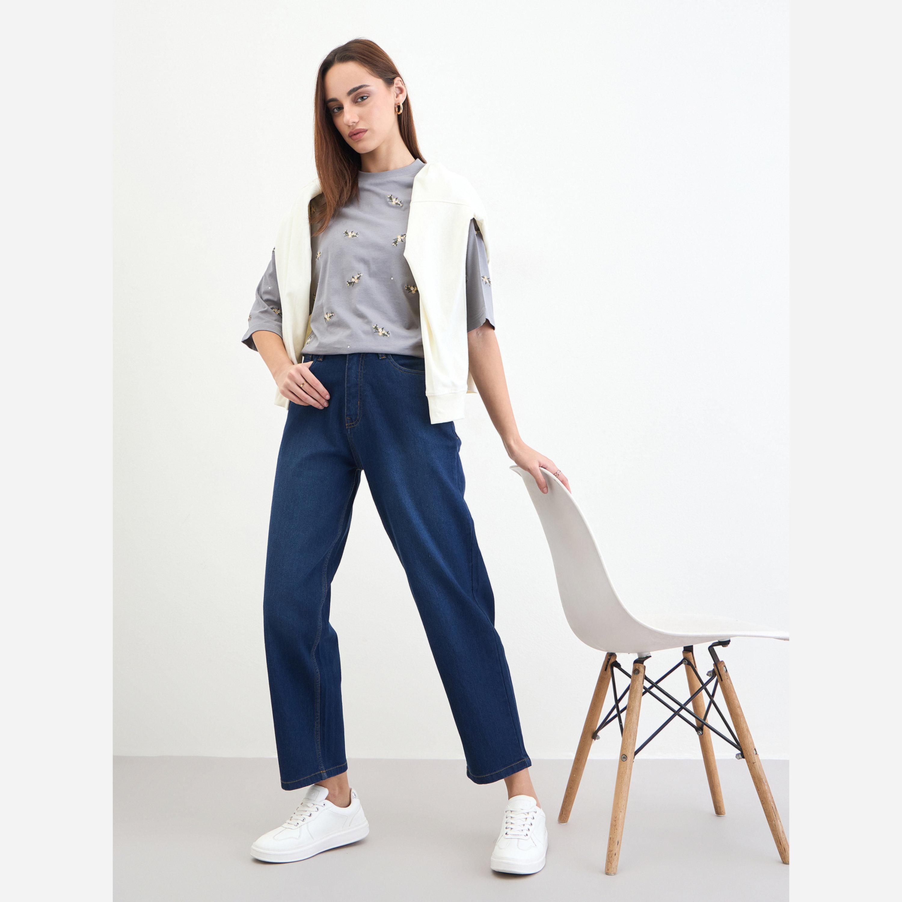 ستايلي - بنطال جينز نسائي لون أزرق داكن بخصر عالٍ وقصة مريحة-women-clothing-bottoms-jeans-image-2