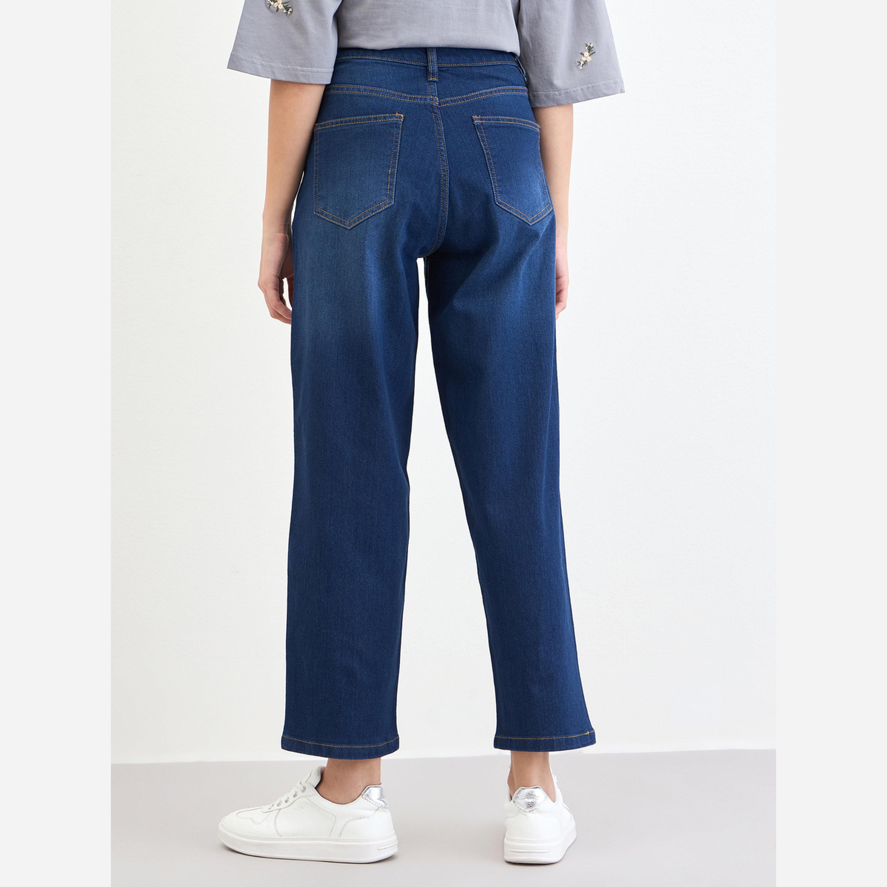 ستايلي - بنطال جينز نسائي لون أزرق داكن بخصر عالٍ وقصة مريحة-women-clothing-bottoms-jeans-image-4