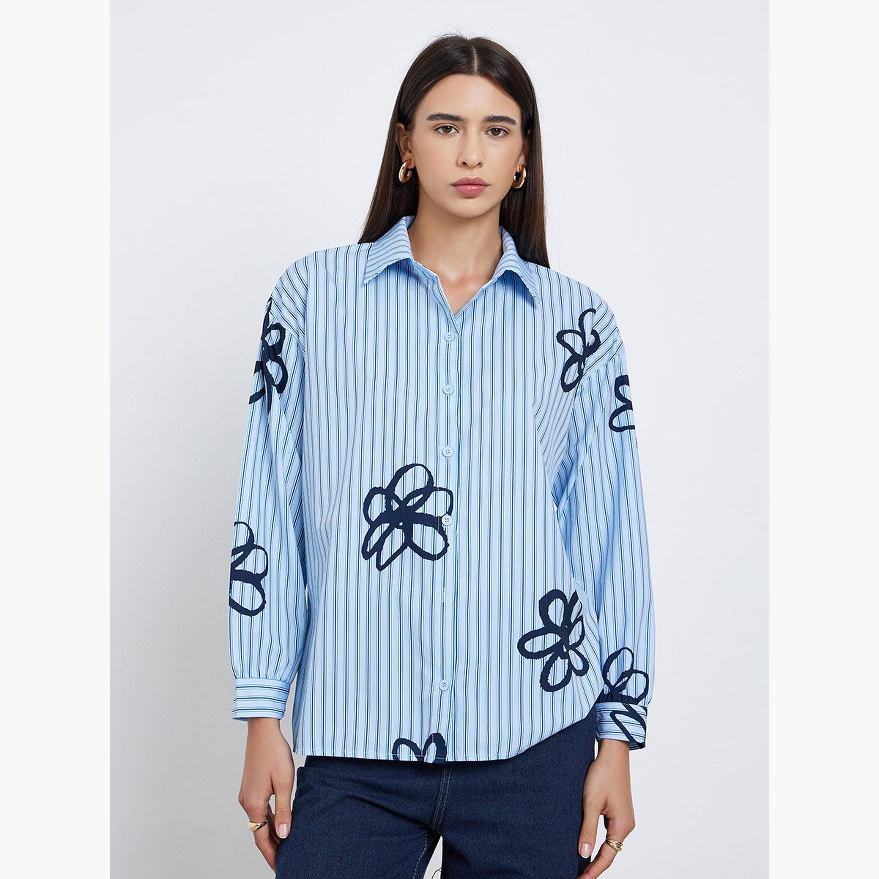 Styli Blue Striped Floral Print Oversized Shirt-women-clothing-shirtsandblouses-shirts-image-1