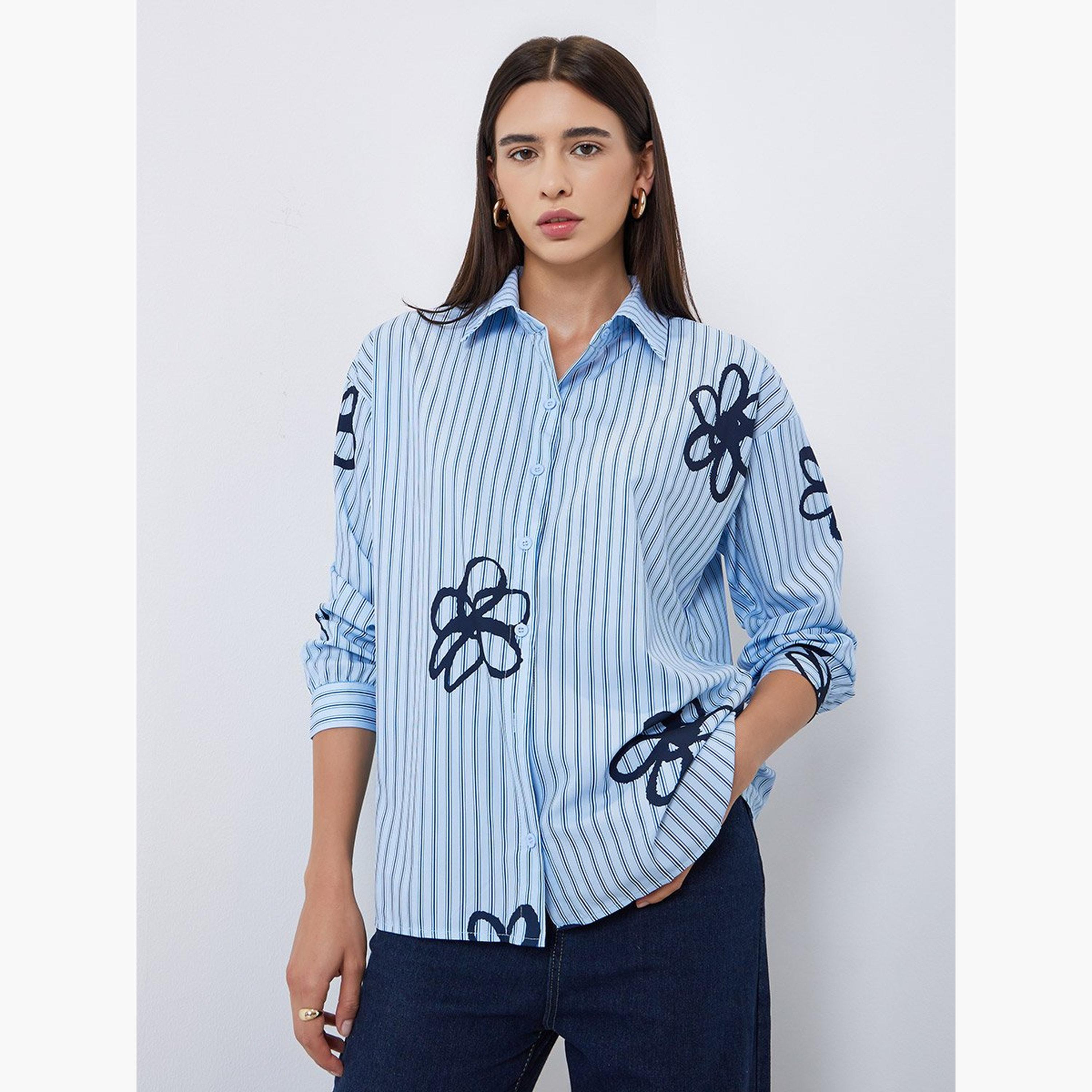 Styli Blue Striped Floral Print Oversized Shirt-women-clothing-shirtsandblouses-shirts-image-2