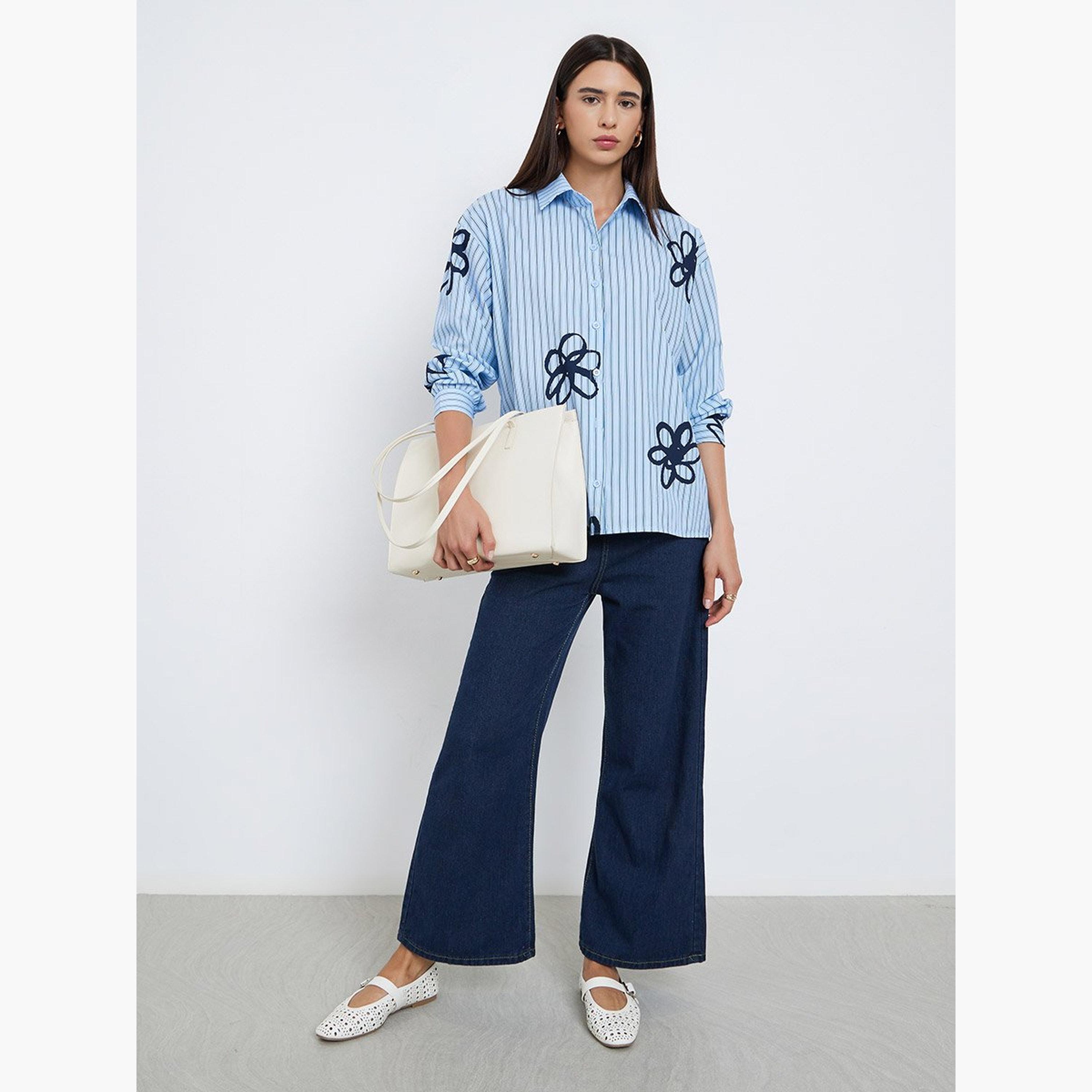 Styli Blue Striped Floral Print Oversized Shirt-women-clothing-shirtsandblouses-shirts-image-3