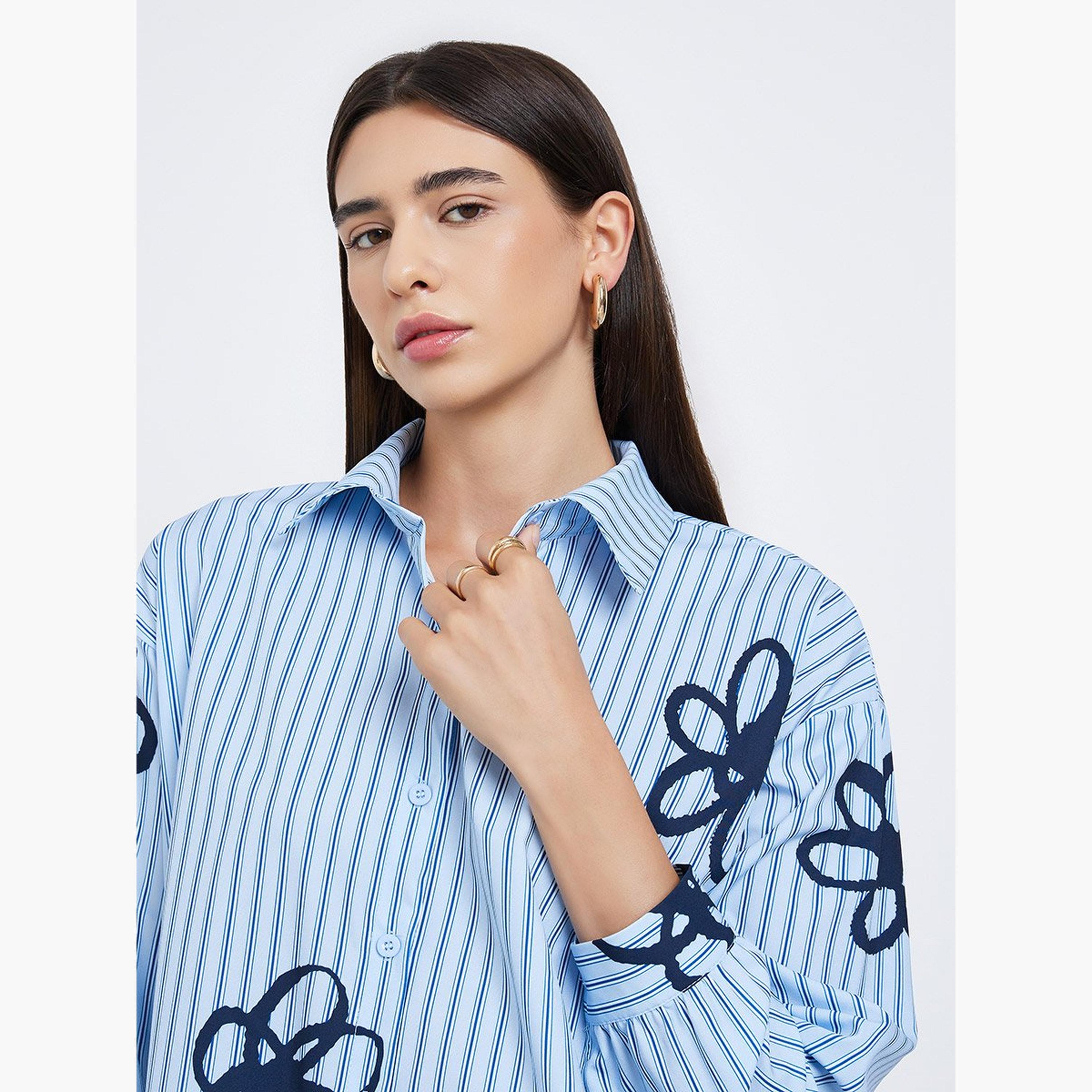 Styli Blue Striped Floral Print Oversized Shirt-women-clothing-shirtsandblouses-shirts-image-4