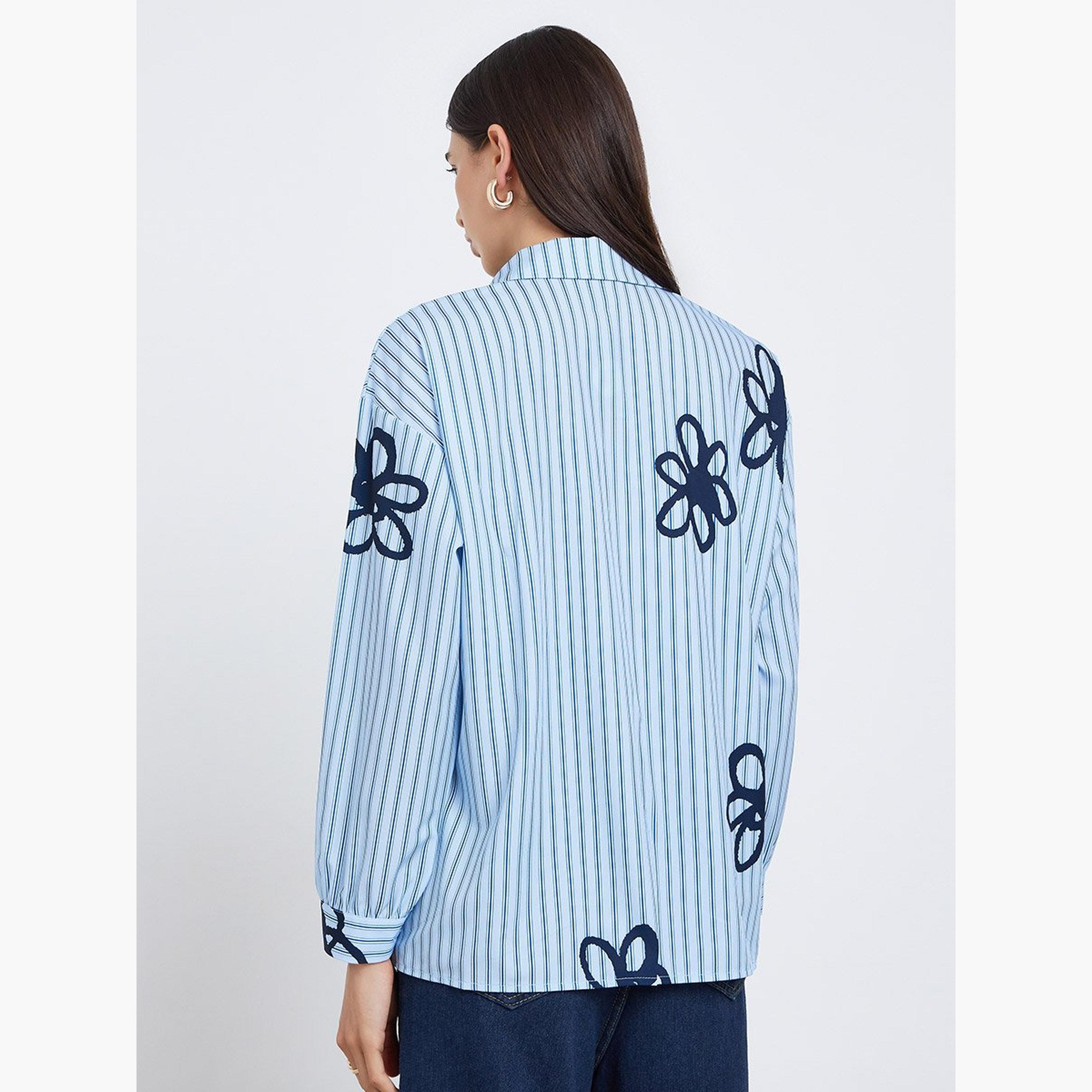 Styli Blue Striped Floral Print Oversized Shirt-women-clothing-shirtsandblouses-shirts-image-5