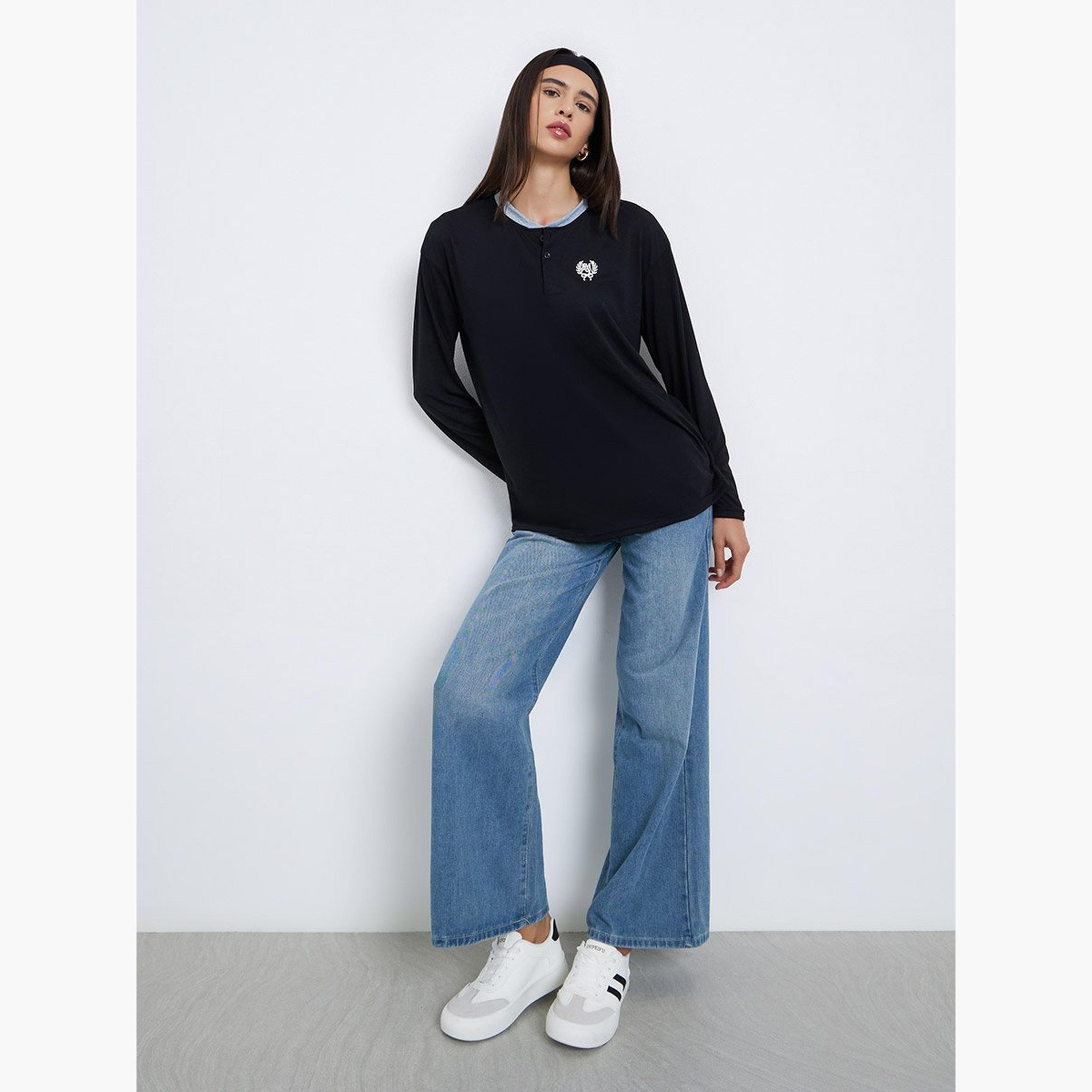 Styli Black Minimal Print Oversized Polo T-Shirt-women-clothing-tshirts-image-1