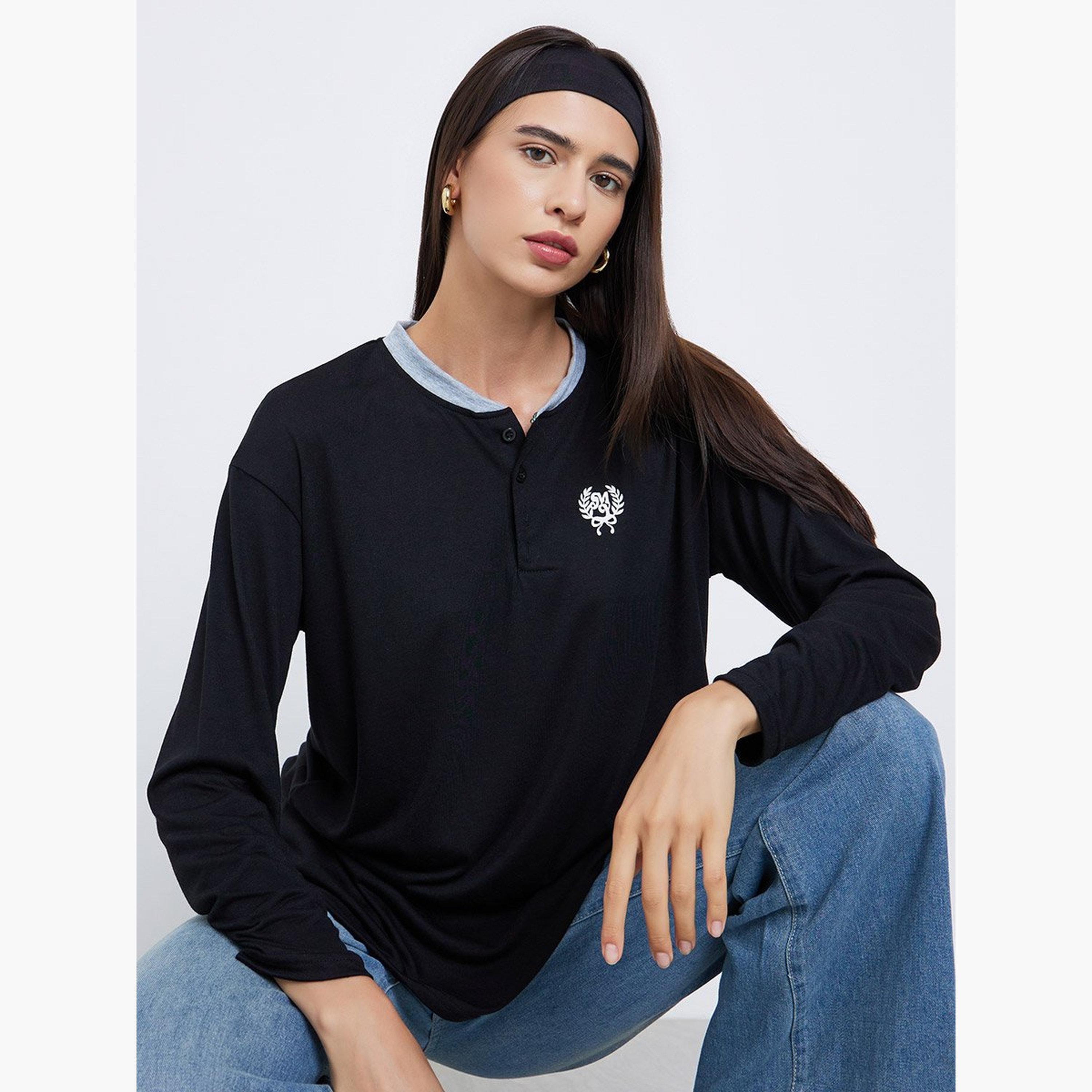ستايلي - تي شيرت بولو أسود مقاس كبير بطبعة بسيطة-women-clothing-tshirts-image-2