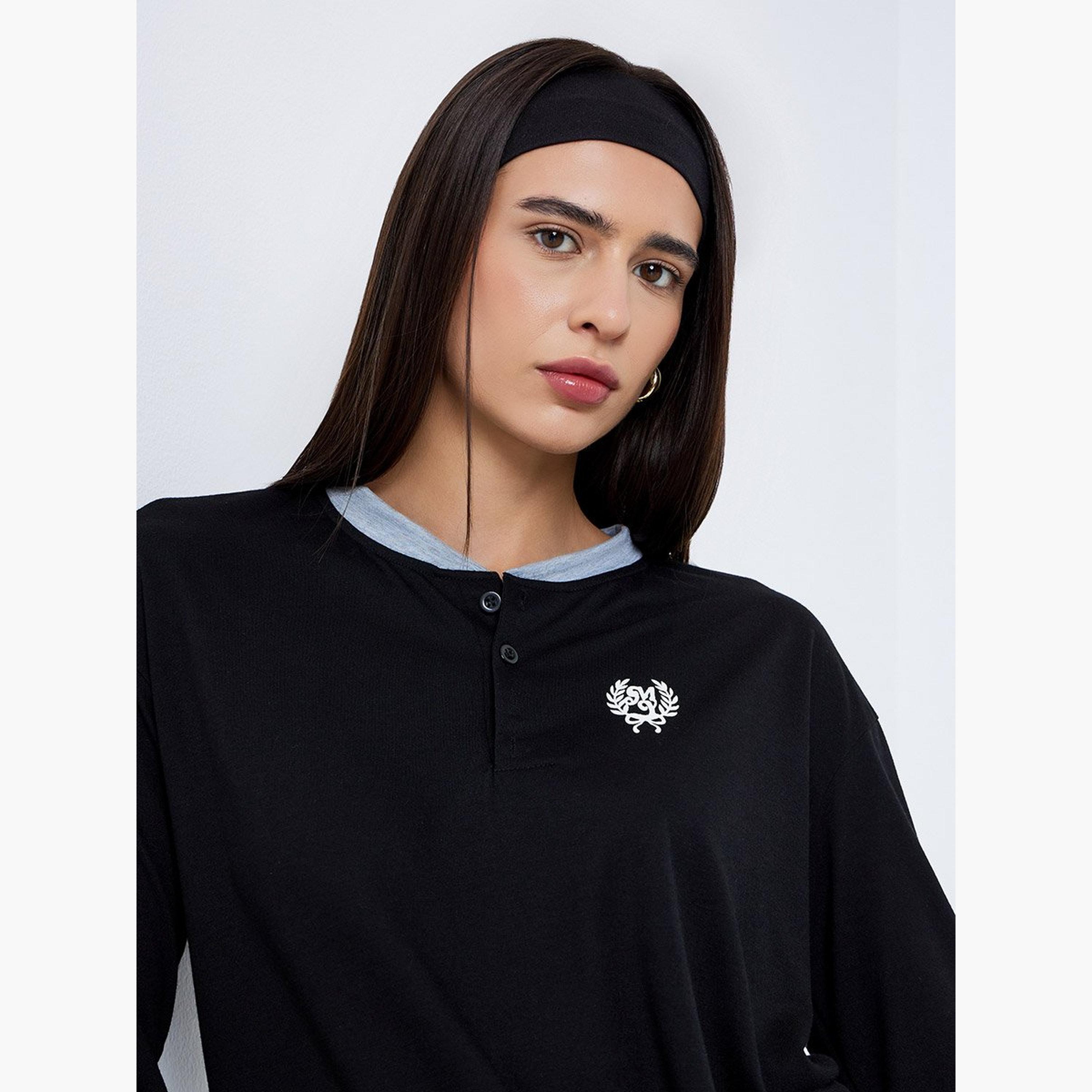 Styli Black Minimal Print Oversized Polo T-Shirt-women-clothing-tshirts-image-3