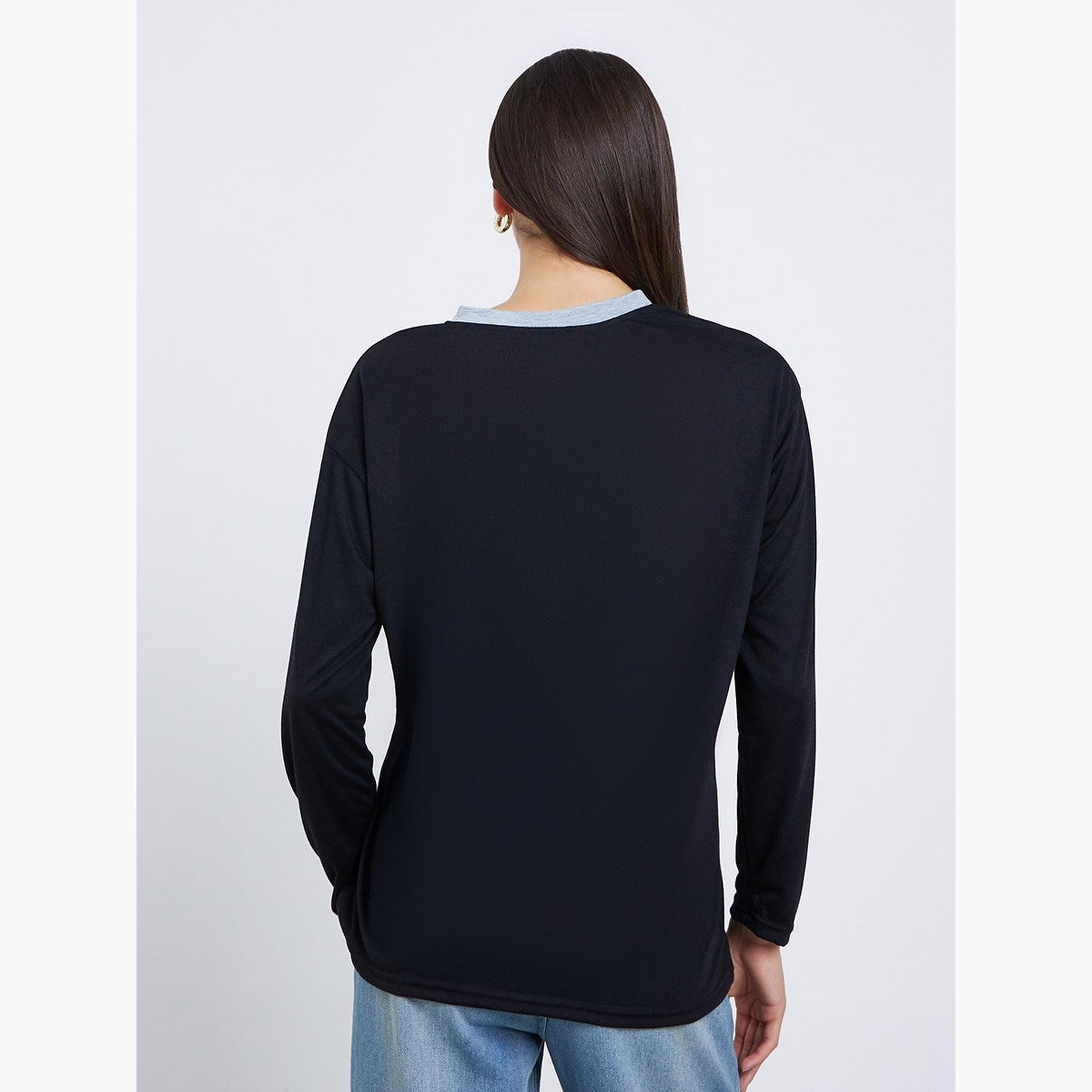 Styli Black Minimal Print Oversized Polo T-Shirt-women-clothing-tshirts-image-4